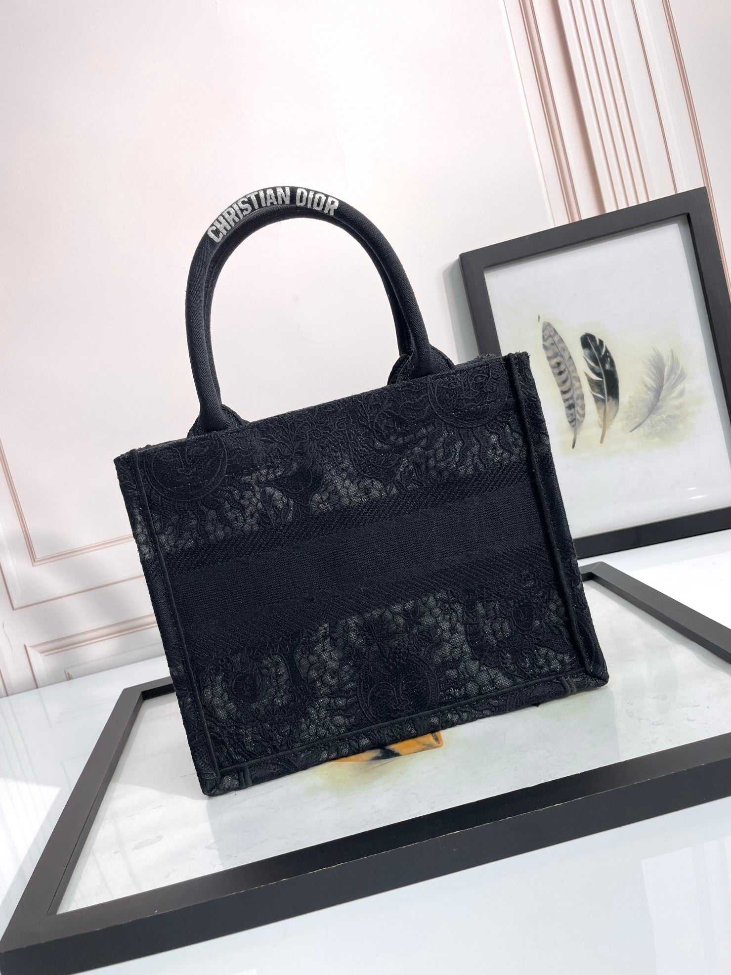 Dior Black Embroidered Canvas Book Tote Bag Vintage Pattern Handbag