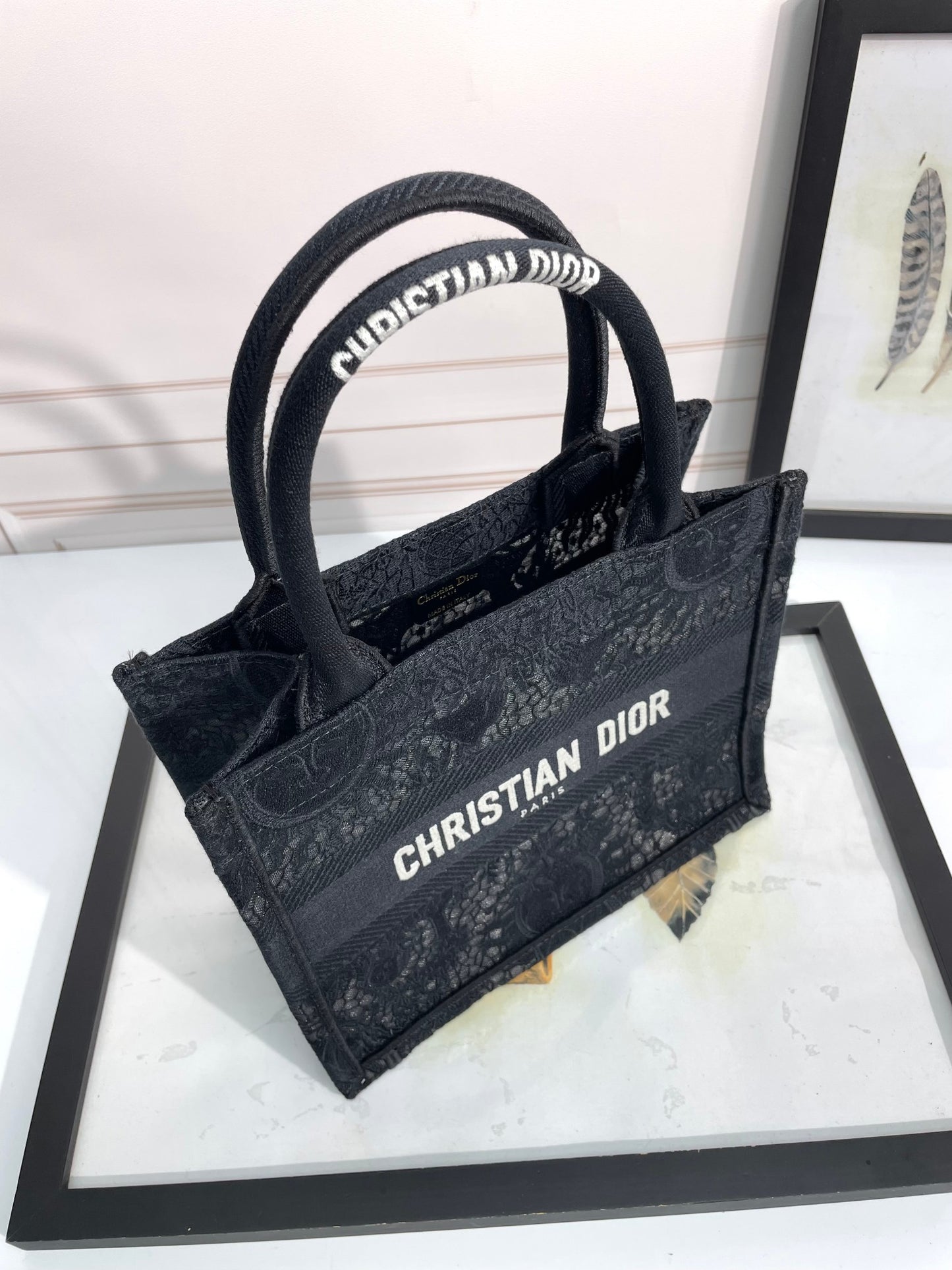 Dior Classic Black Embroidered Pattern Canvas Tote Bag with Top Handle