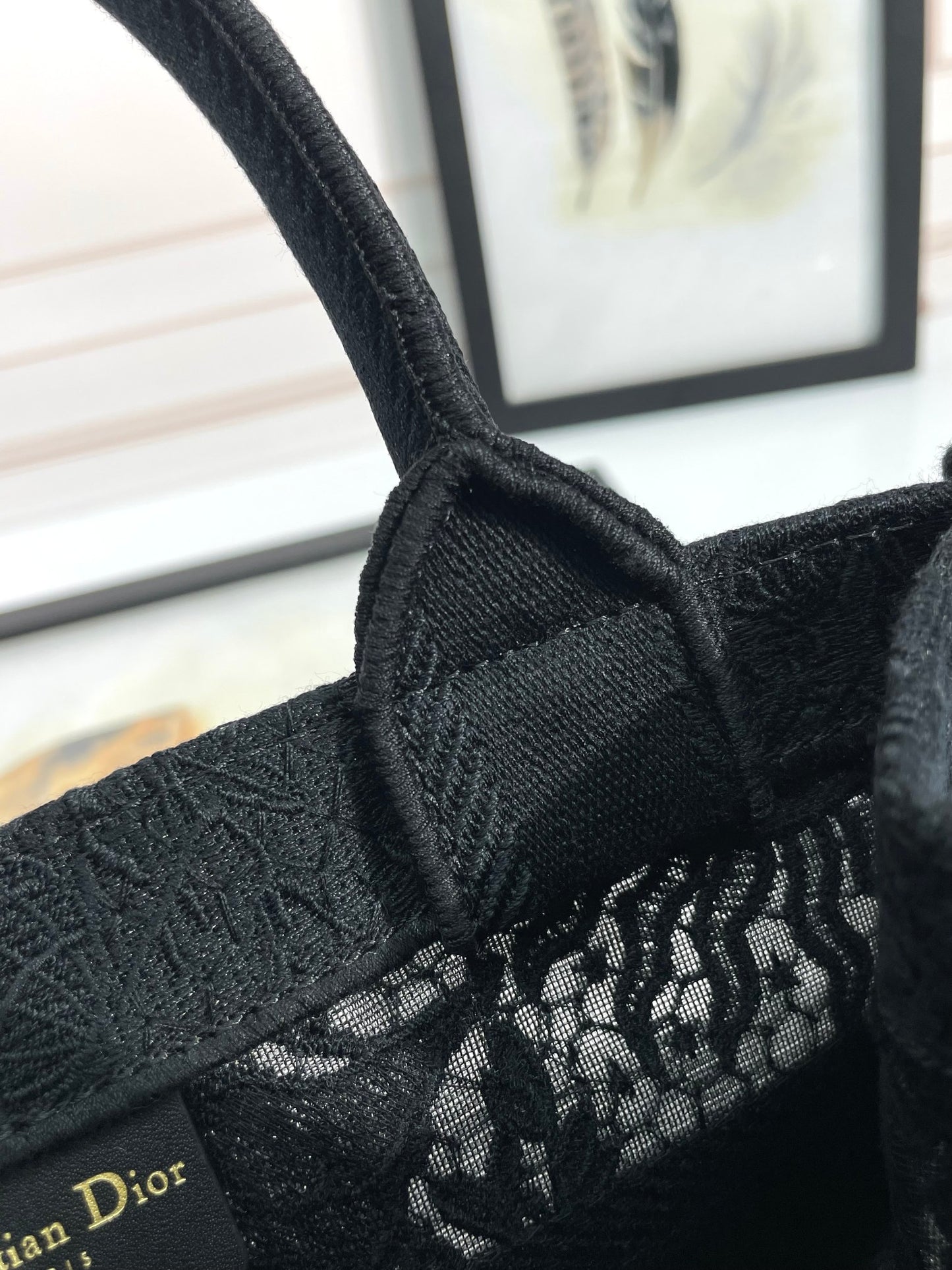 Dior Classic Black Embroidered Pattern Canvas Tote Bag with Top Handle
