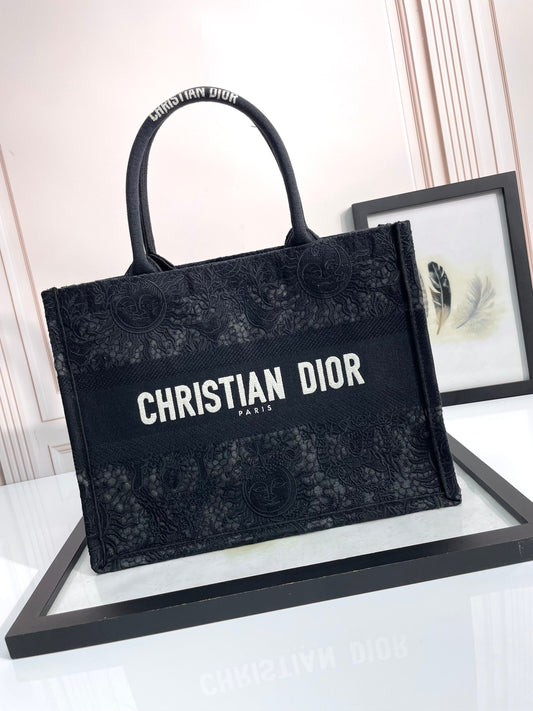 Dior Black Floral Lace Embroidered Canvas Tote Bag with Top Handles