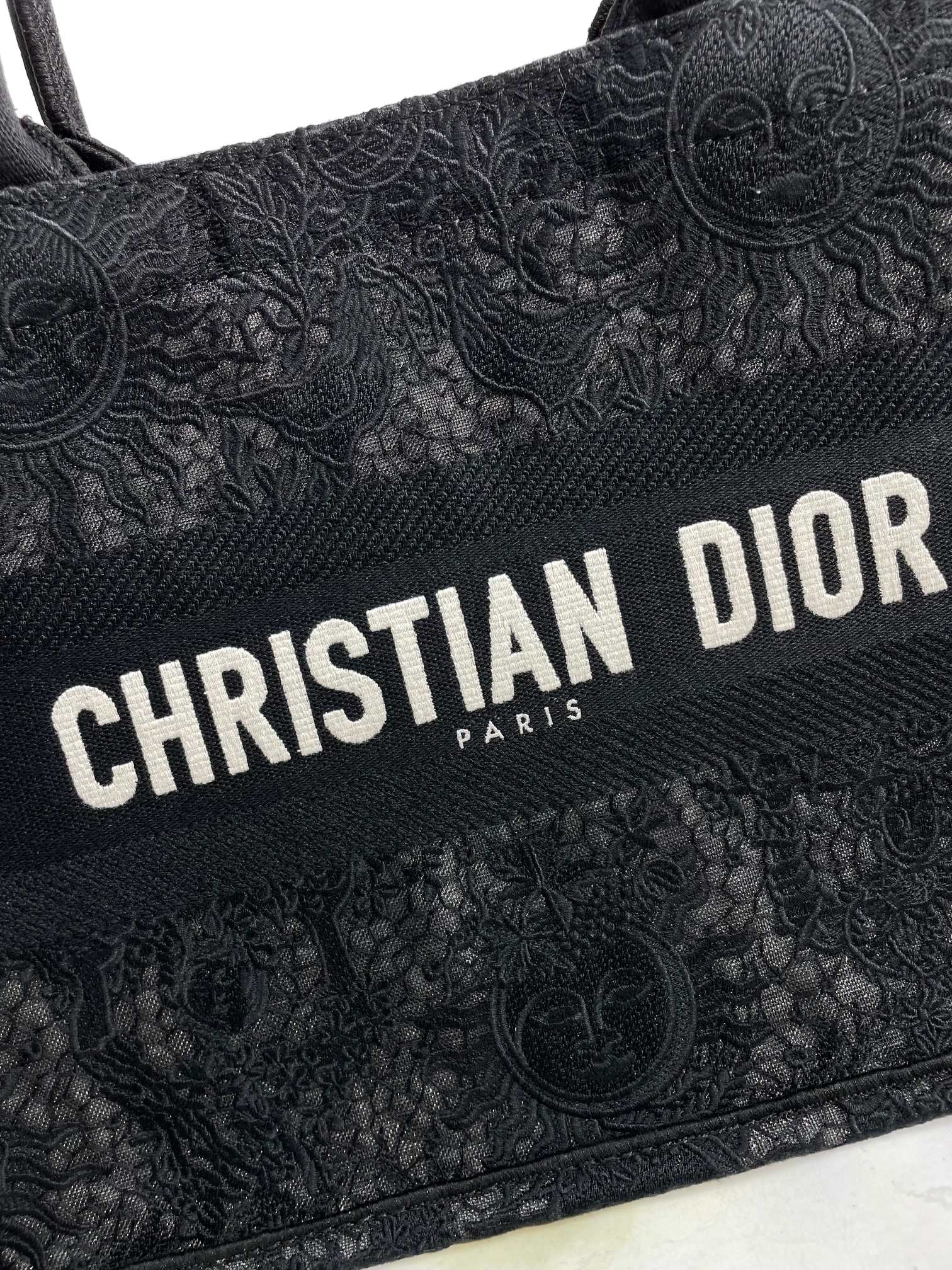 Dior Black Lace Floral Embroidered Canvas Top Handle Tote Bag