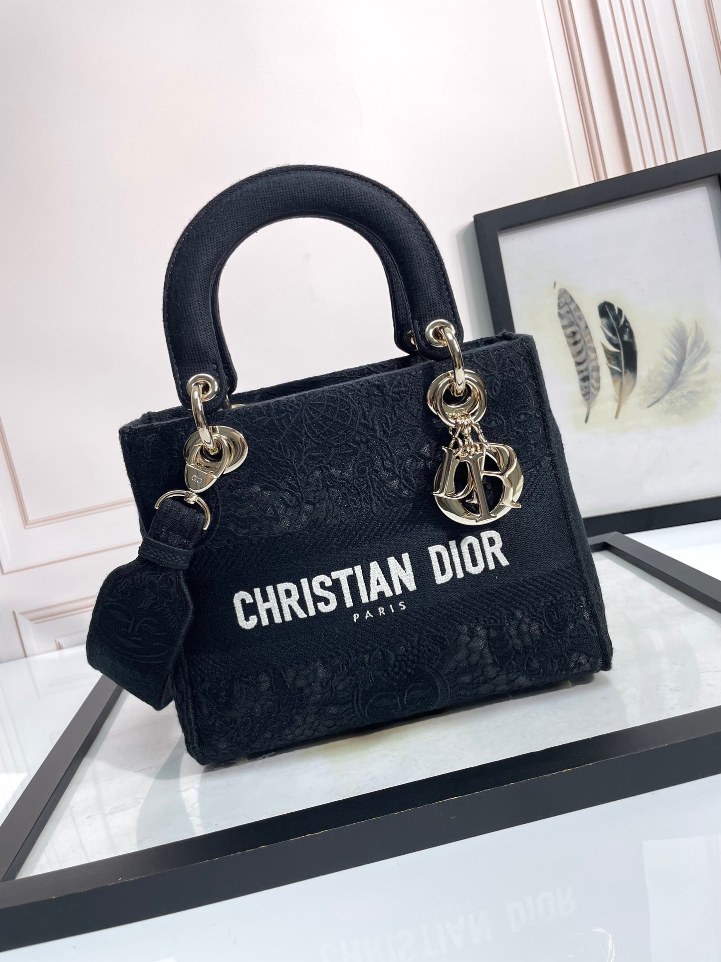 Dior Luxury Embroidered Navy Blue Canvas Top Handle Bag with Strap