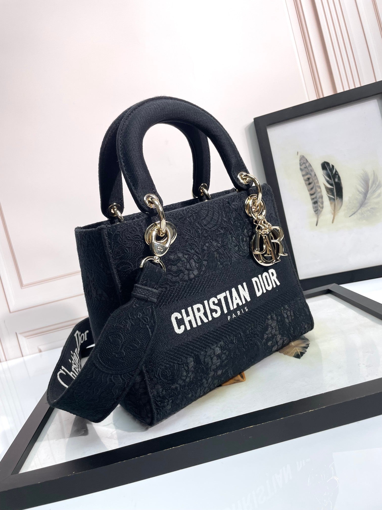 Dior Luxury Embroidered Navy Blue Canvas Top Handle Bag with Strap