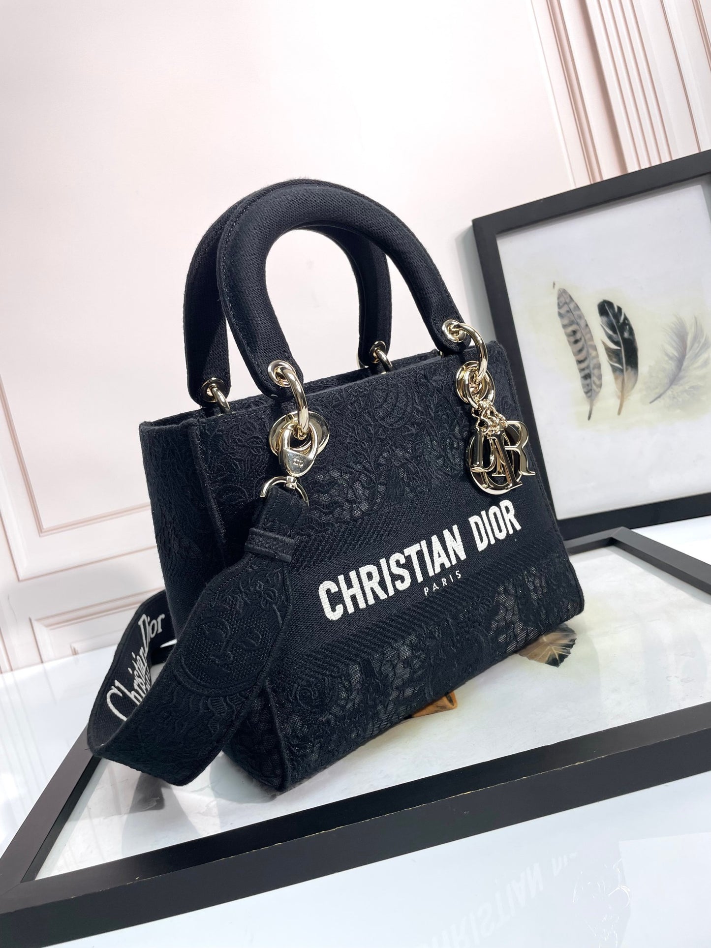 Dior Black Floral Embroidered Canvas Shoulder Bag with Top Handle