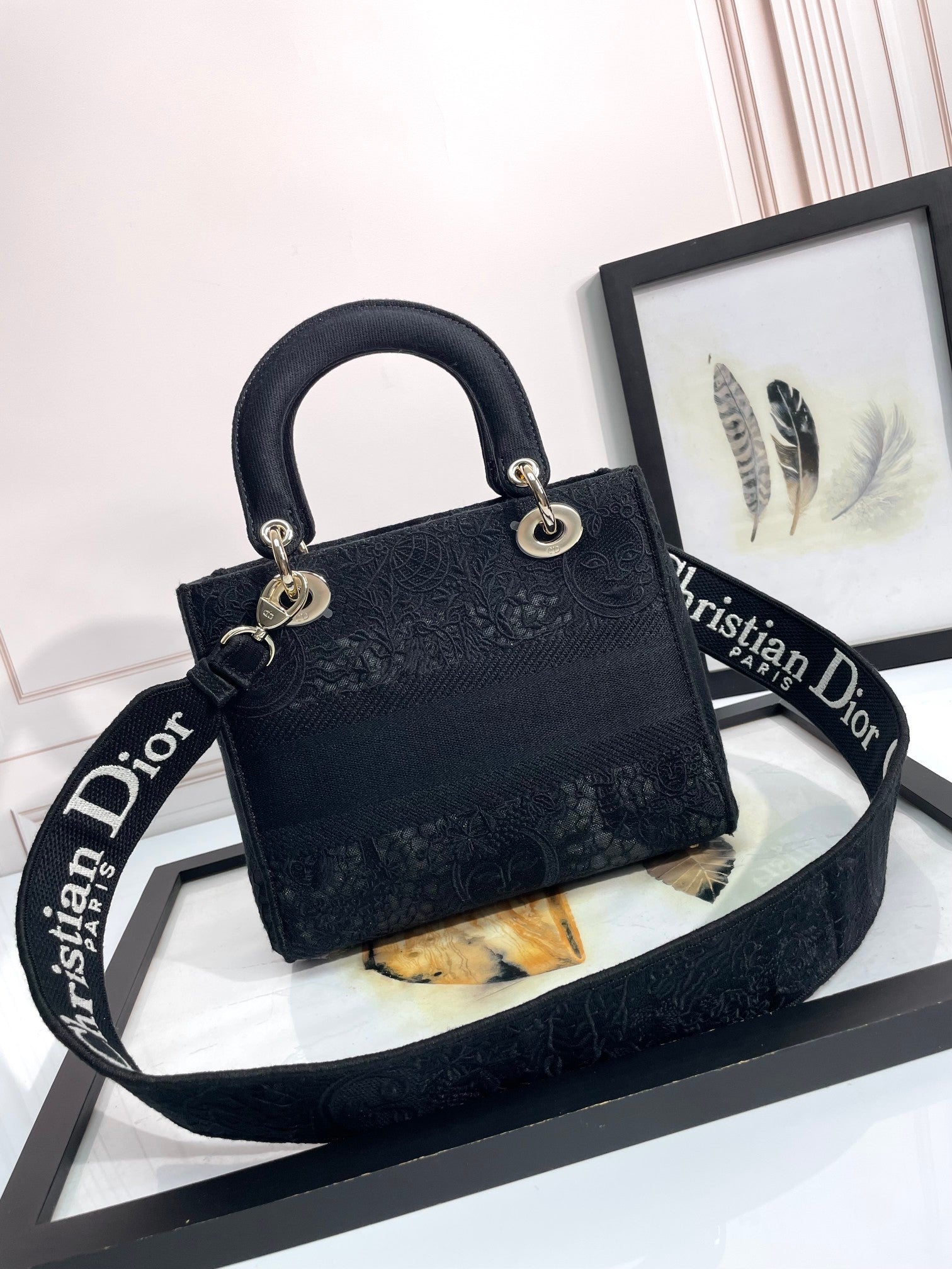 Christian Dior Lady D-Lite Medium Bag - Black Embroidered Canvas Handbag