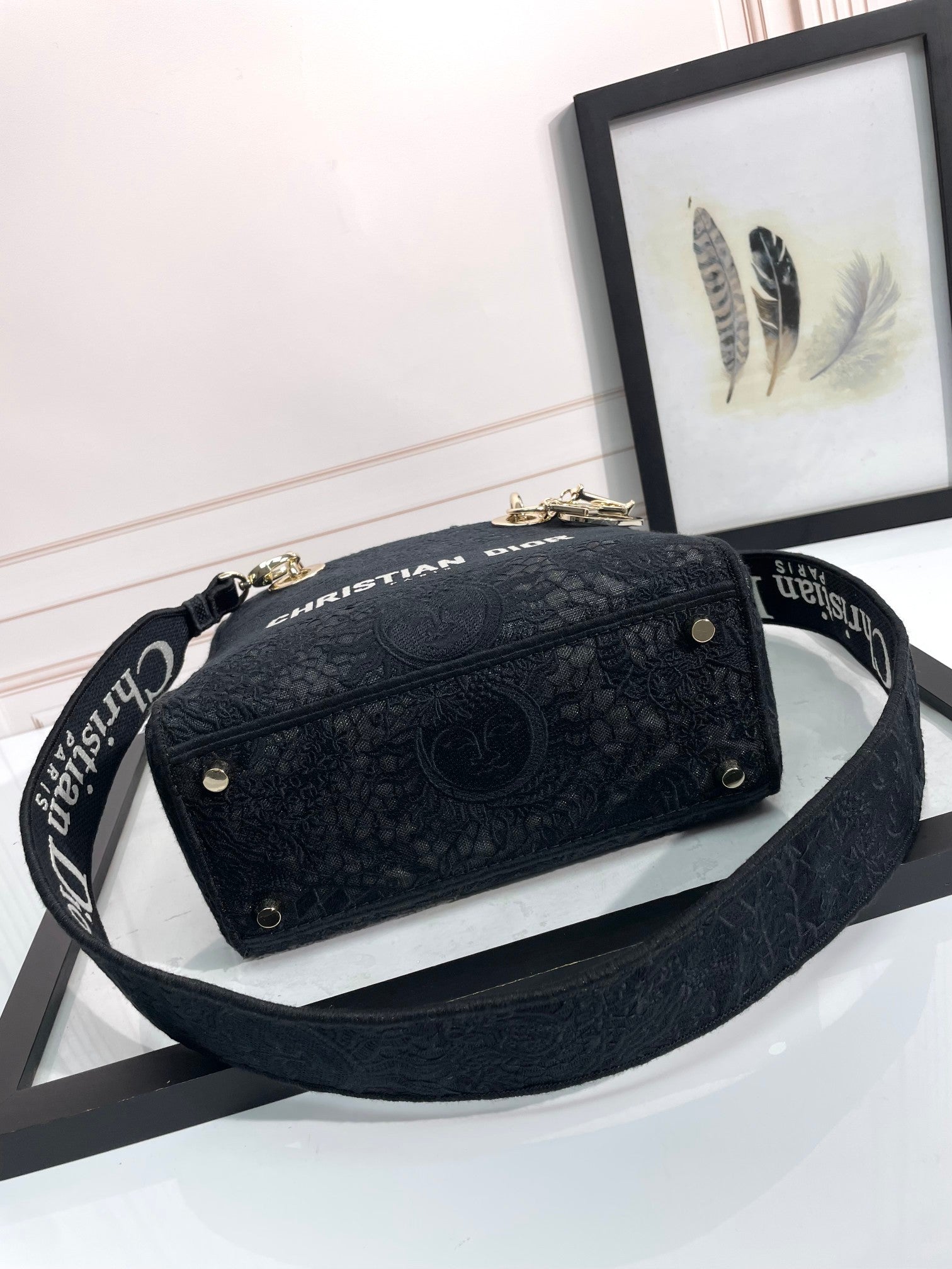 Dior Luxury Embroidered Navy Blue Canvas Top Handle Bag with Strap