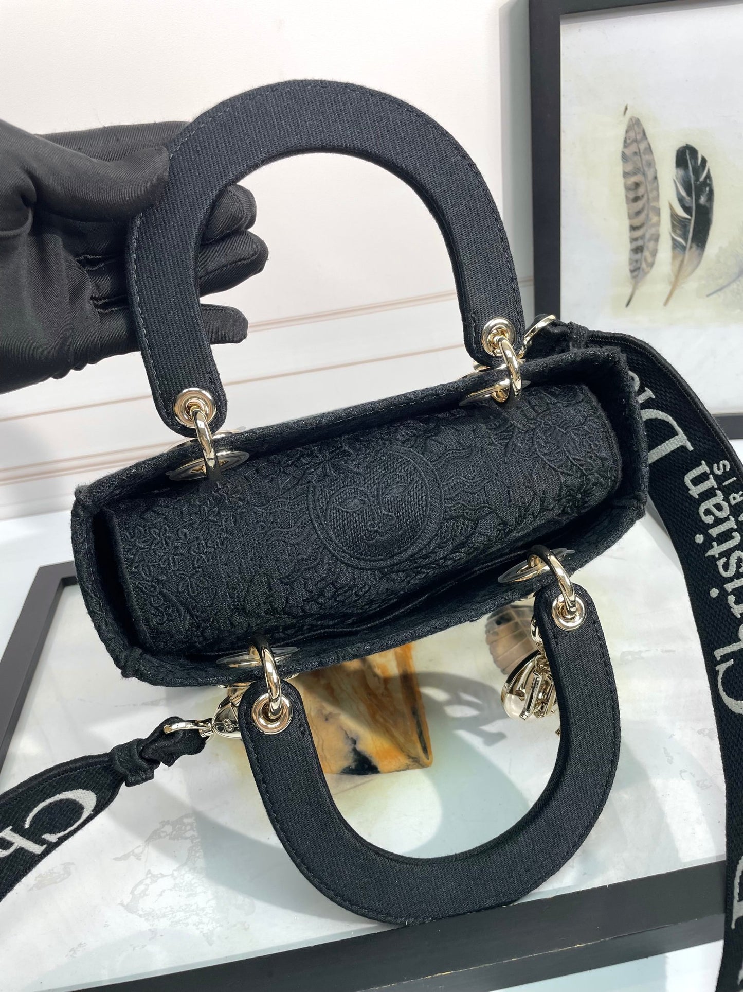 Dior Black Floral Embroidered Canvas Shoulder Bag with Top Handle