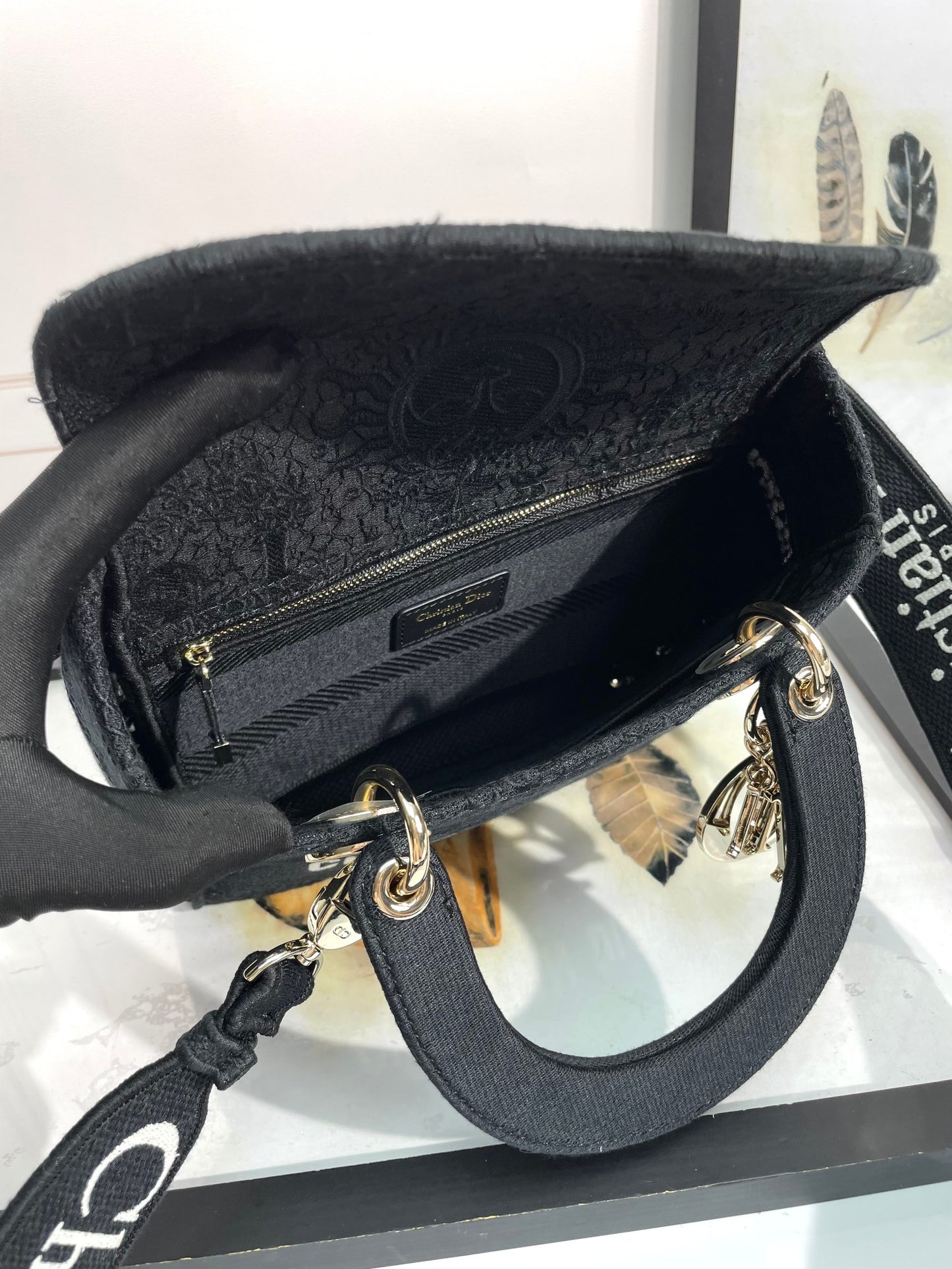 Dior Luxury Embroidered Navy Blue Canvas Top Handle Bag with Strap