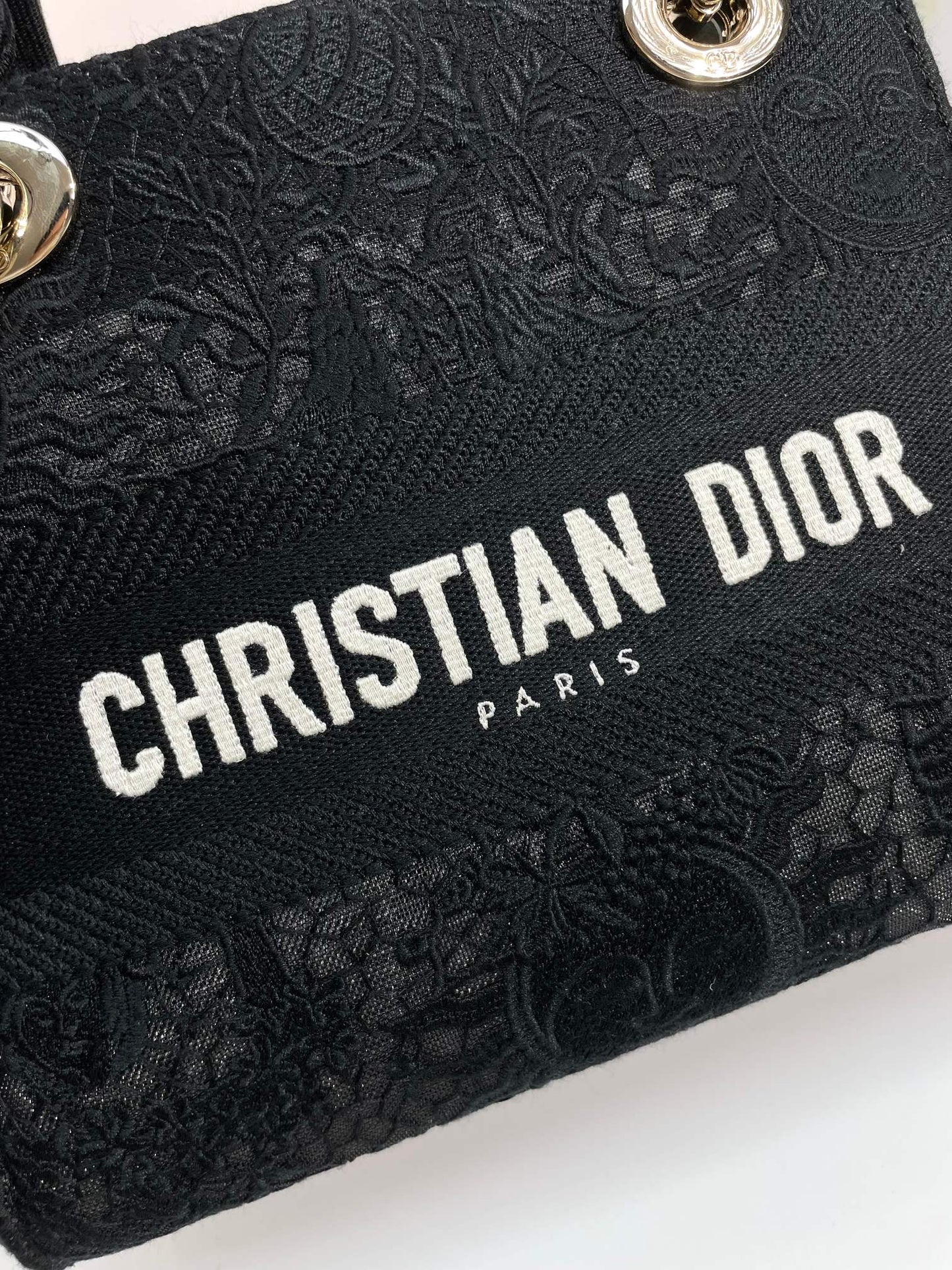 Dior Black Floral Embroidered Canvas Shoulder Bag with Top Handle