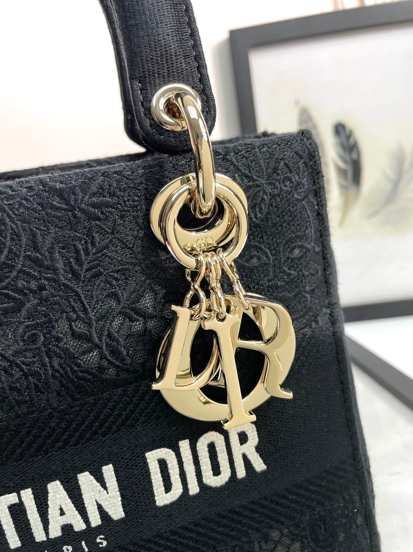 Dior Black Embroidered Canvas Top Handle Handbag with Shoulder Strap