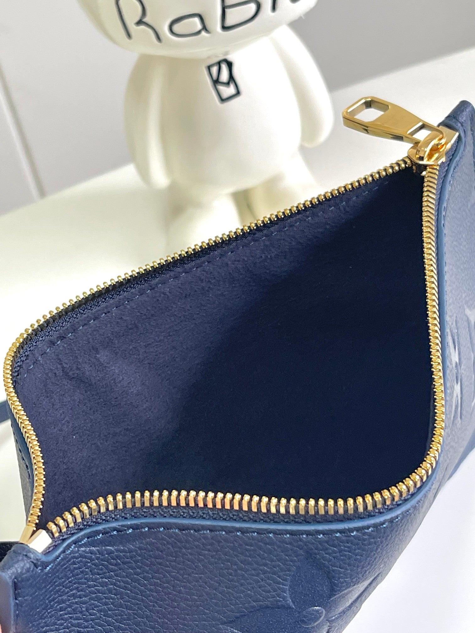 Louis Vuitton Classic Navy Blue Embossed Leather Tote Bag with Matching Pouch