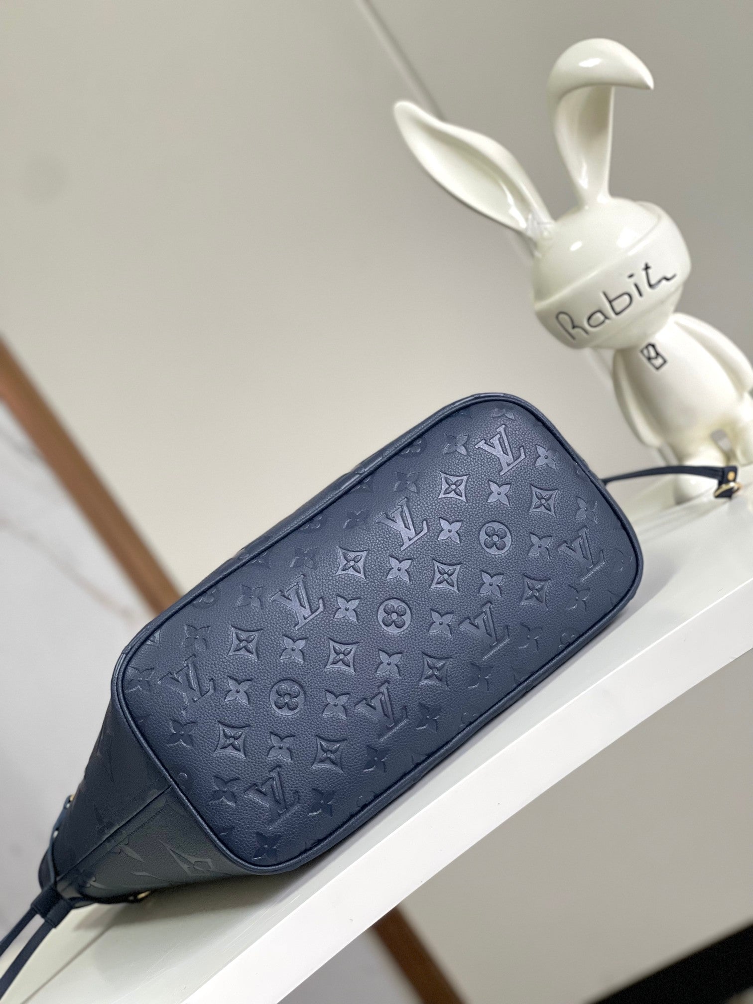 Louis Vuitton Classic Navy Blue Embossed Leather Tote Bag with Matching Pouch