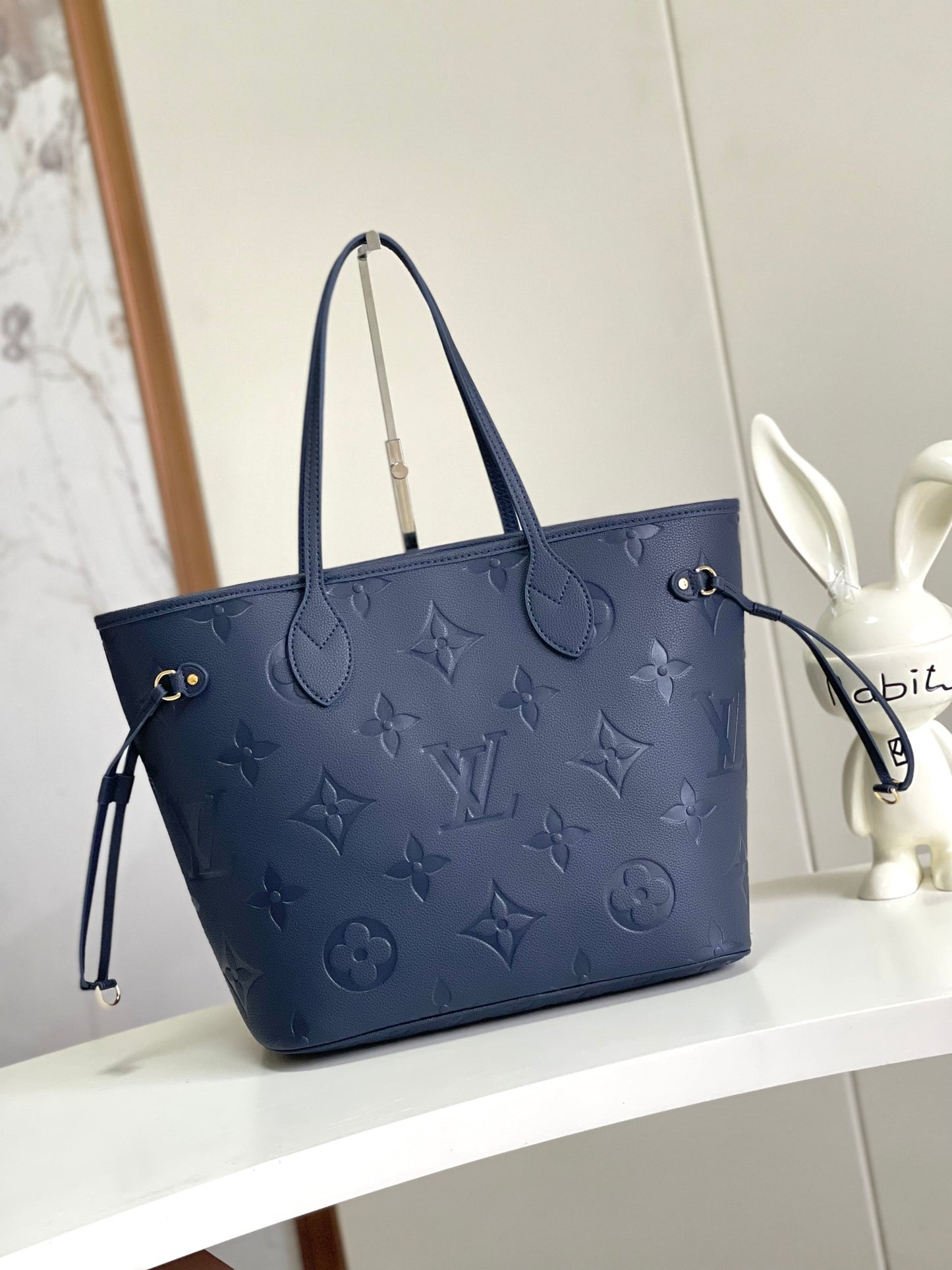 Louis Vuitton Classic Navy Blue Embossed Leather Tote Bag with Matching Pouch