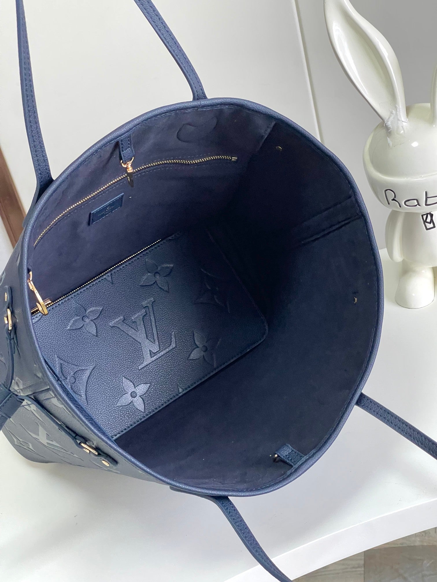 Louis Vuitton Classic Navy Blue Embossed Leather Tote Bag with Matching Pouch