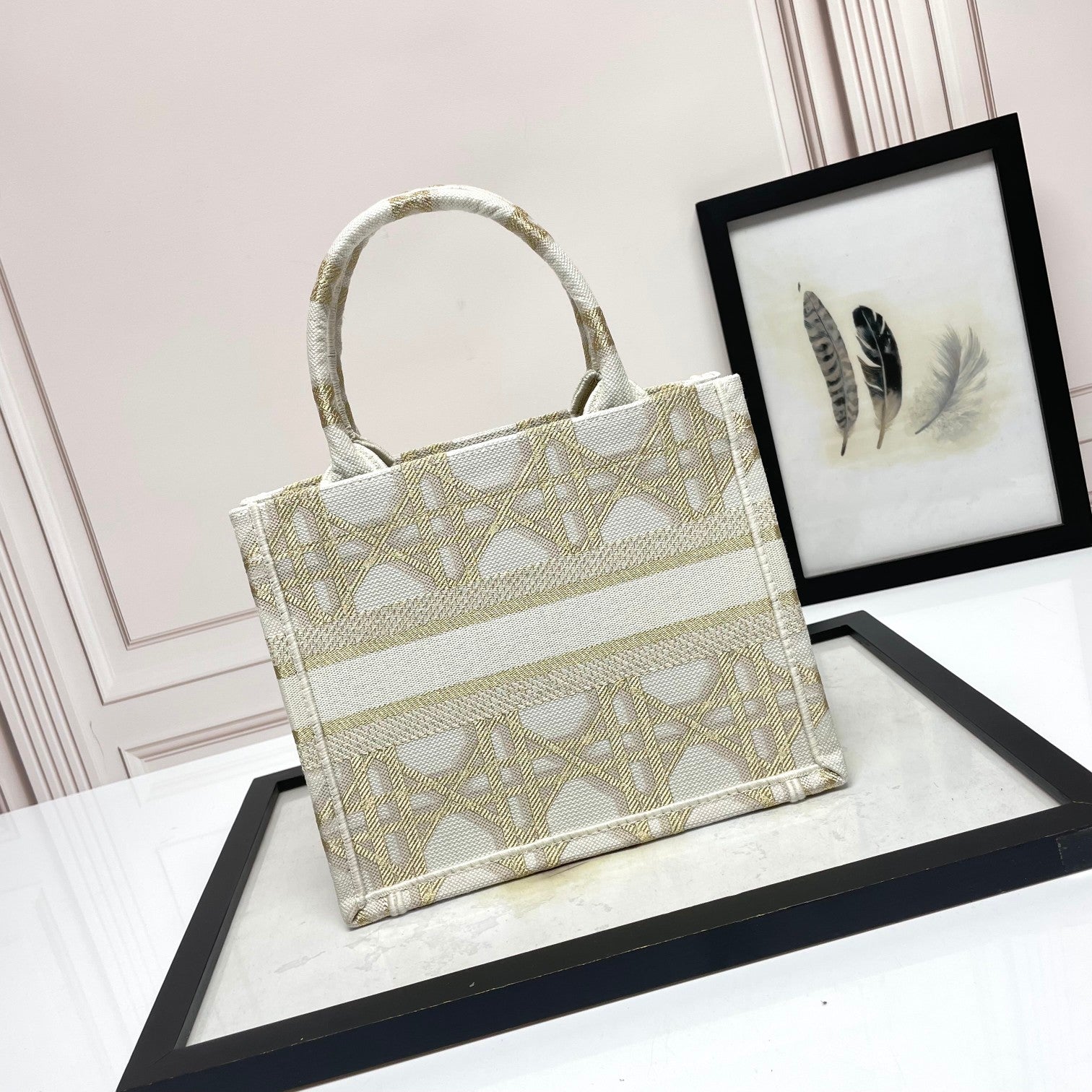 Dior Elegant Cream and Gold Embroidered Canvas Structured Tote Bag
