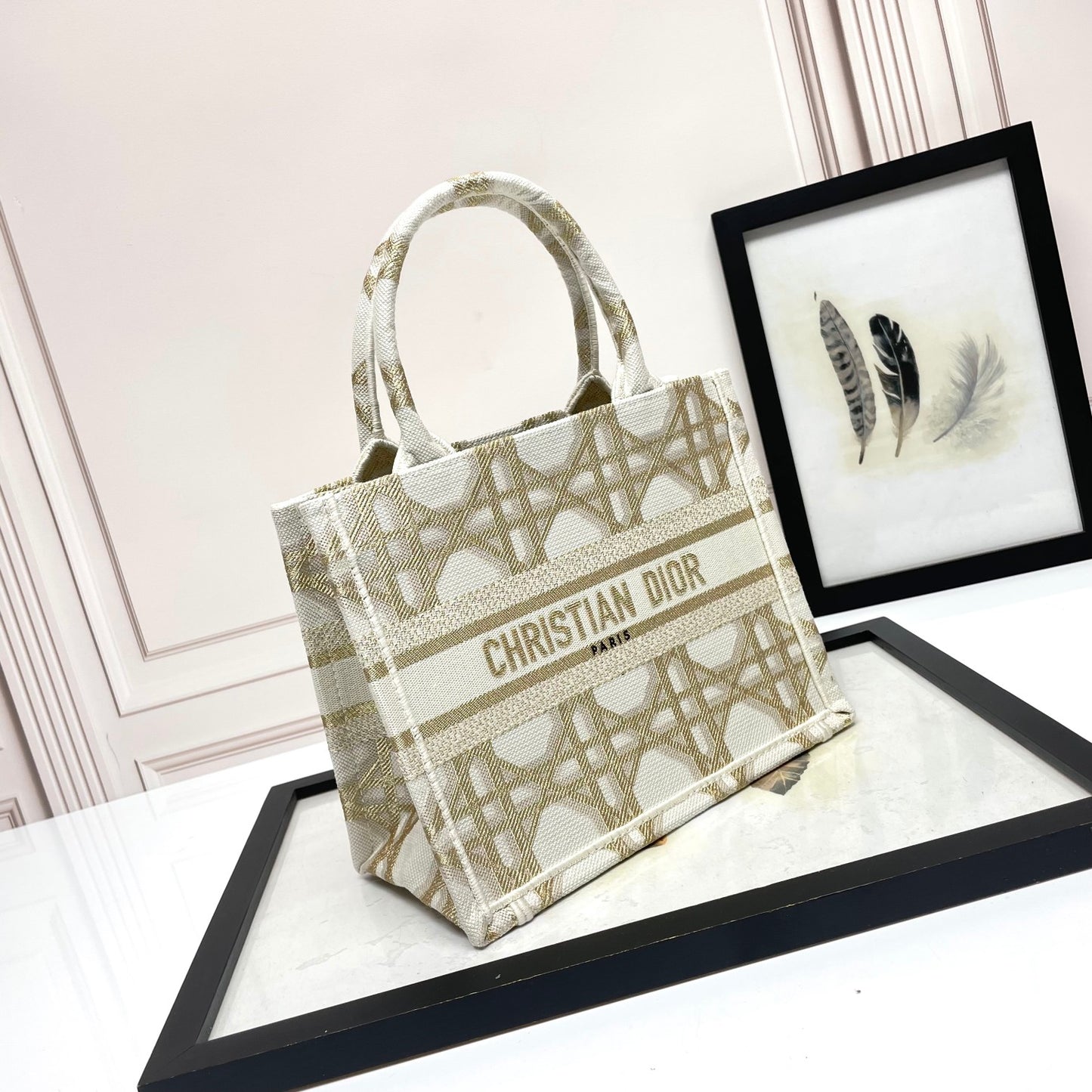 Dior Luxury Beige Embroidered Canvas Tote Bag with Top Handle