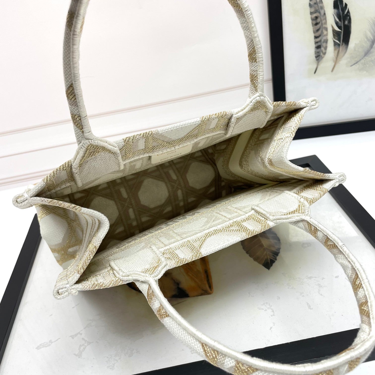 Dior Luxury Beige Embroidered Canvas Tote Bag with Top Handle