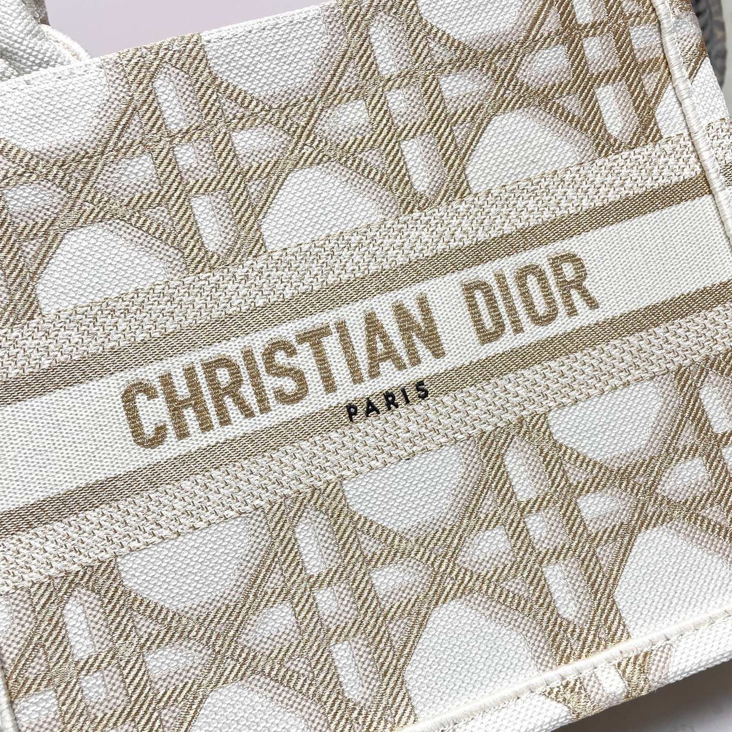 Dior Elegant Cream and Gold Embroidered Canvas Structured Tote Bag