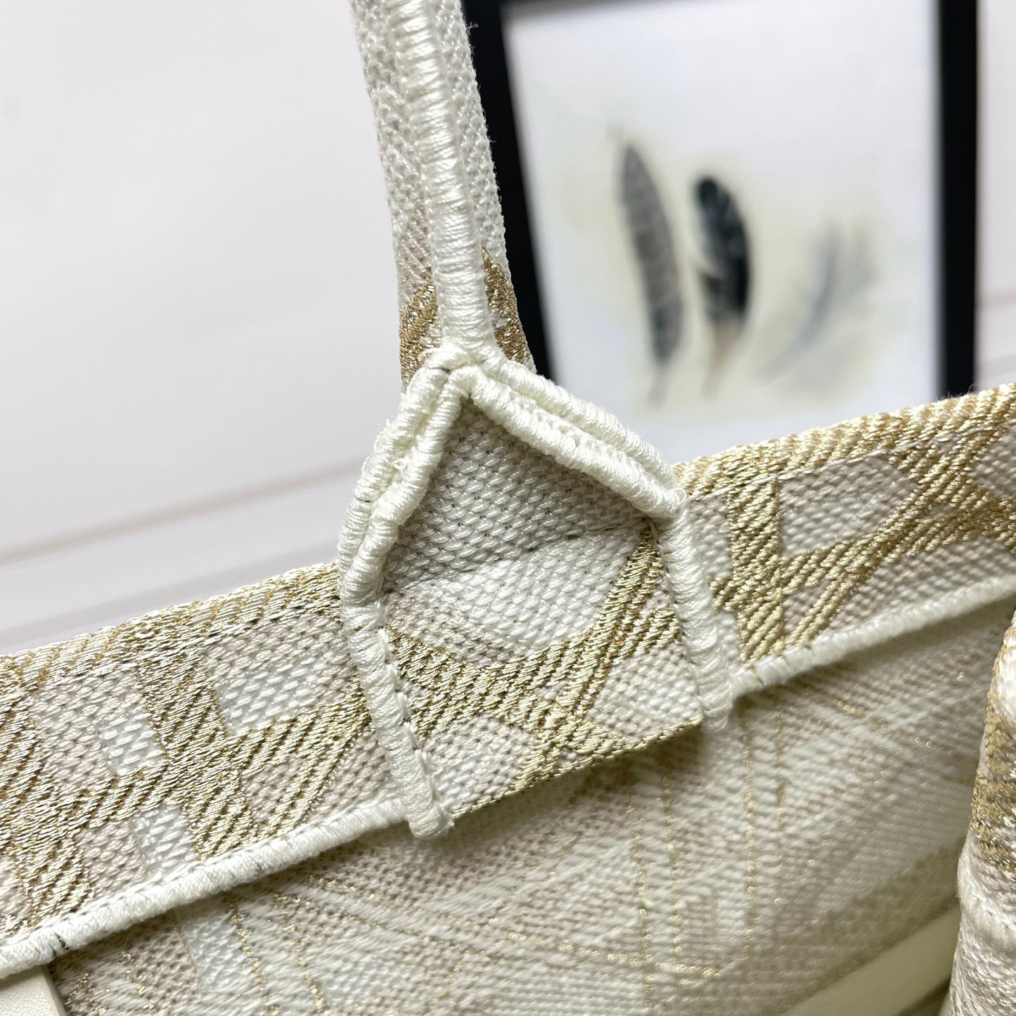 Dior Elegant Cream and Gold Embroidered Canvas Structured Tote Bag