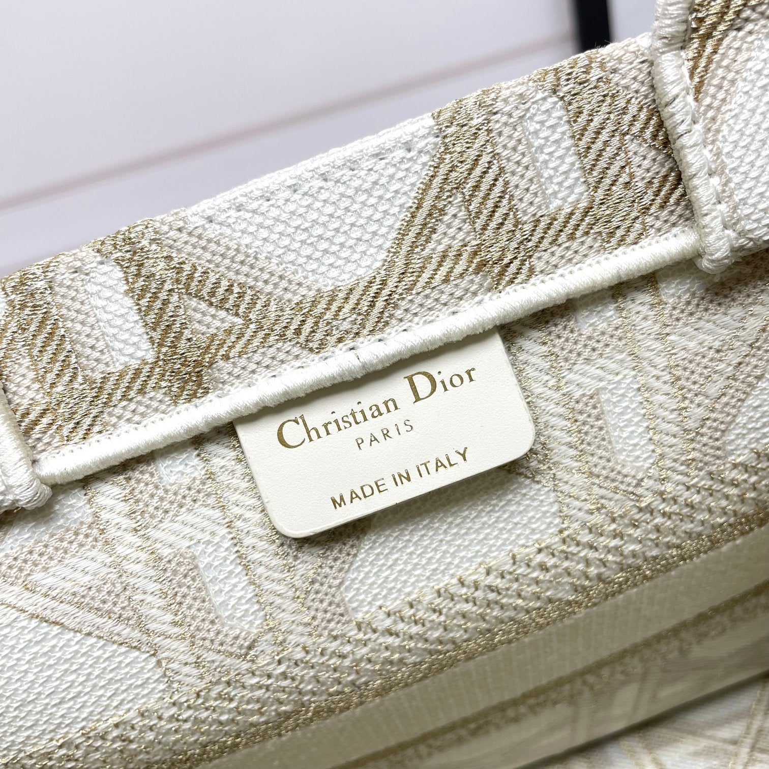 Dior Elegant Cream and Gold Embroidered Canvas Structured Tote Bag