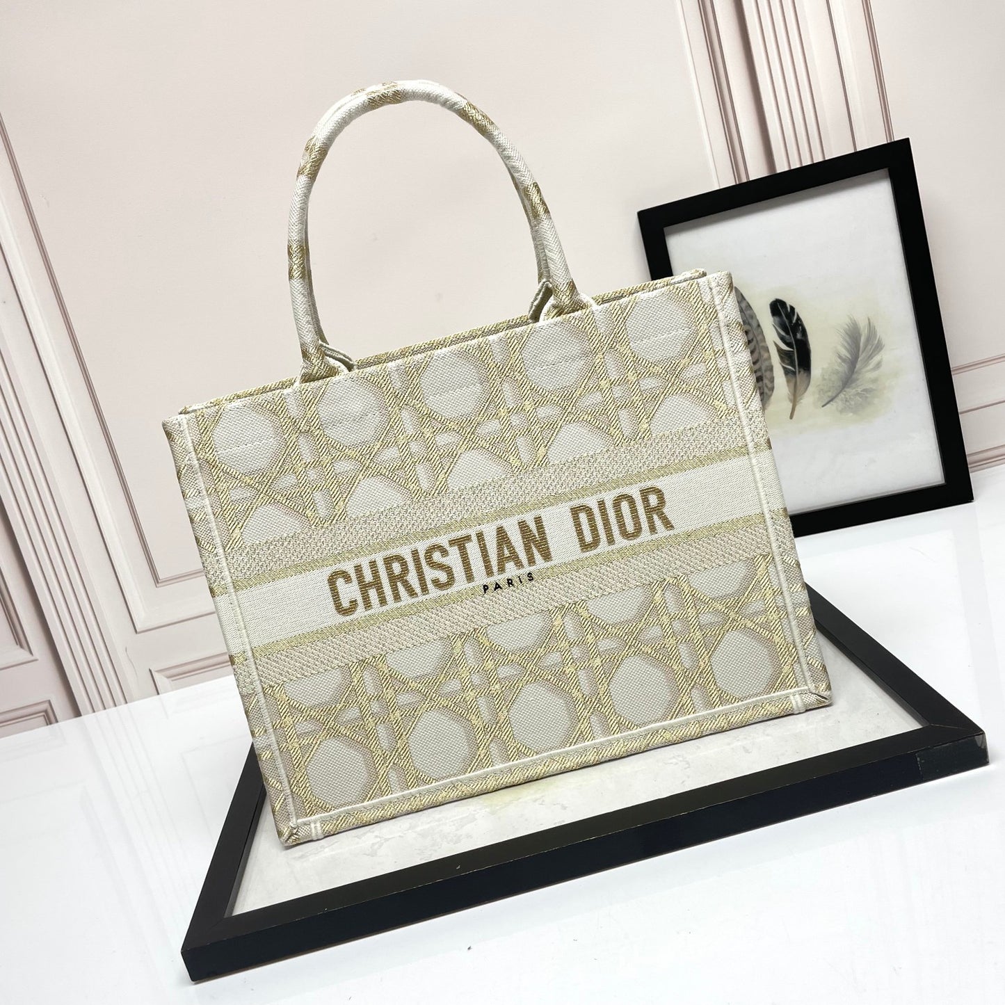 Christian Dior Gold Macrocannage Embroidery Large Book Tote Bag