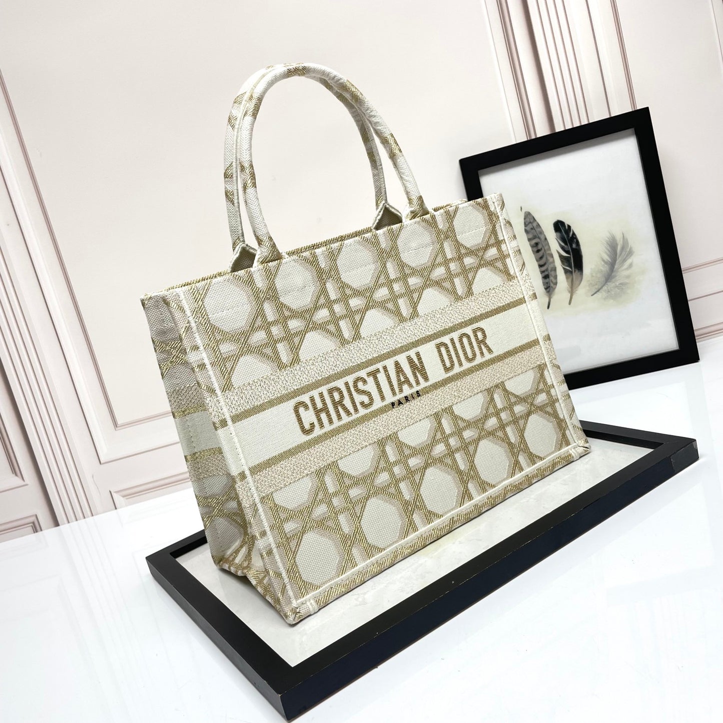 Christian Dior Medium Book Tote - Gold-Tone Metallic Cannage Embroidery