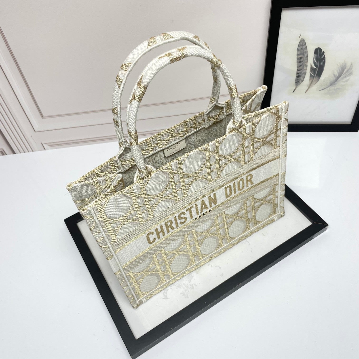 Dior Elegant Beige Embroidered Canvas Tote Bag Luxury Top Handle Handbag