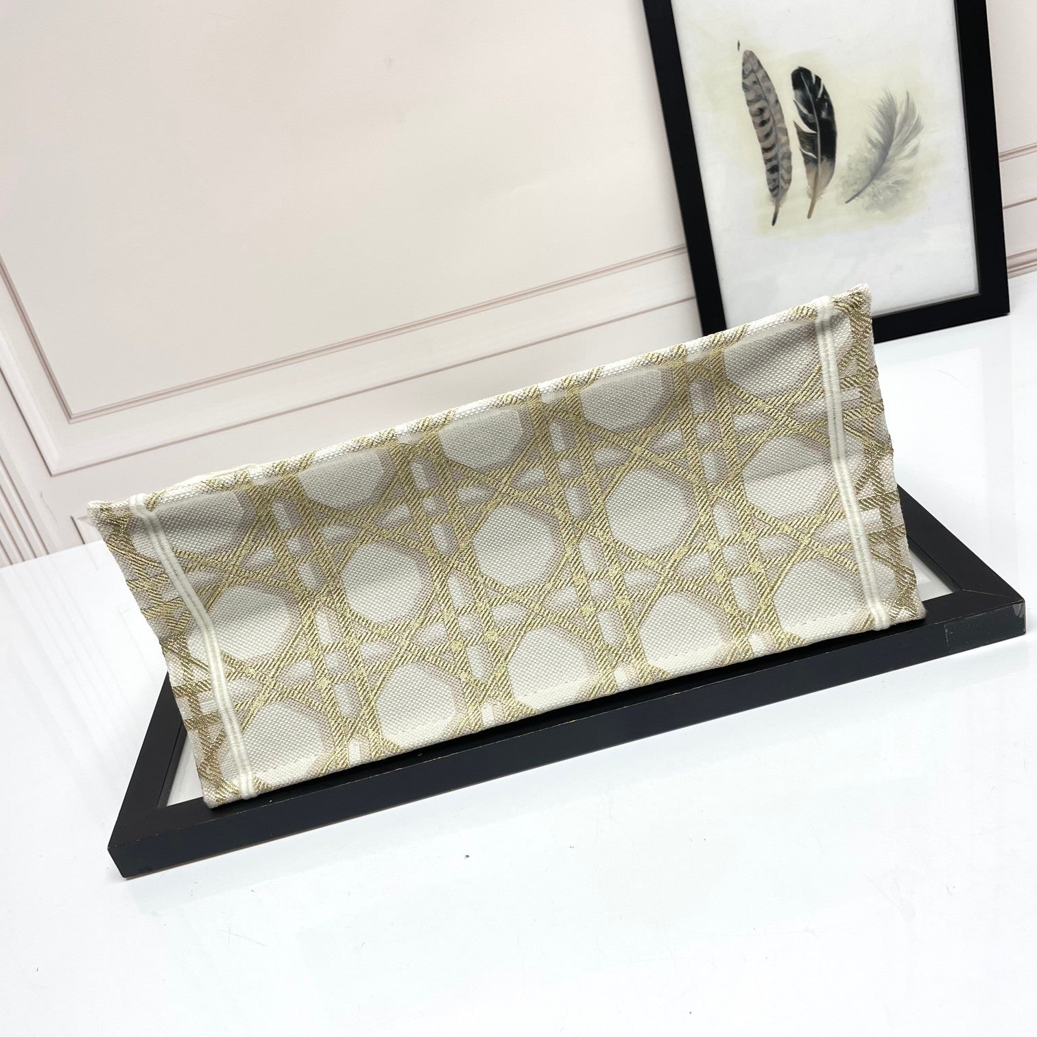 Dior Elegant Beige and Gold Embroidered Pattern Canvas Tote Bag