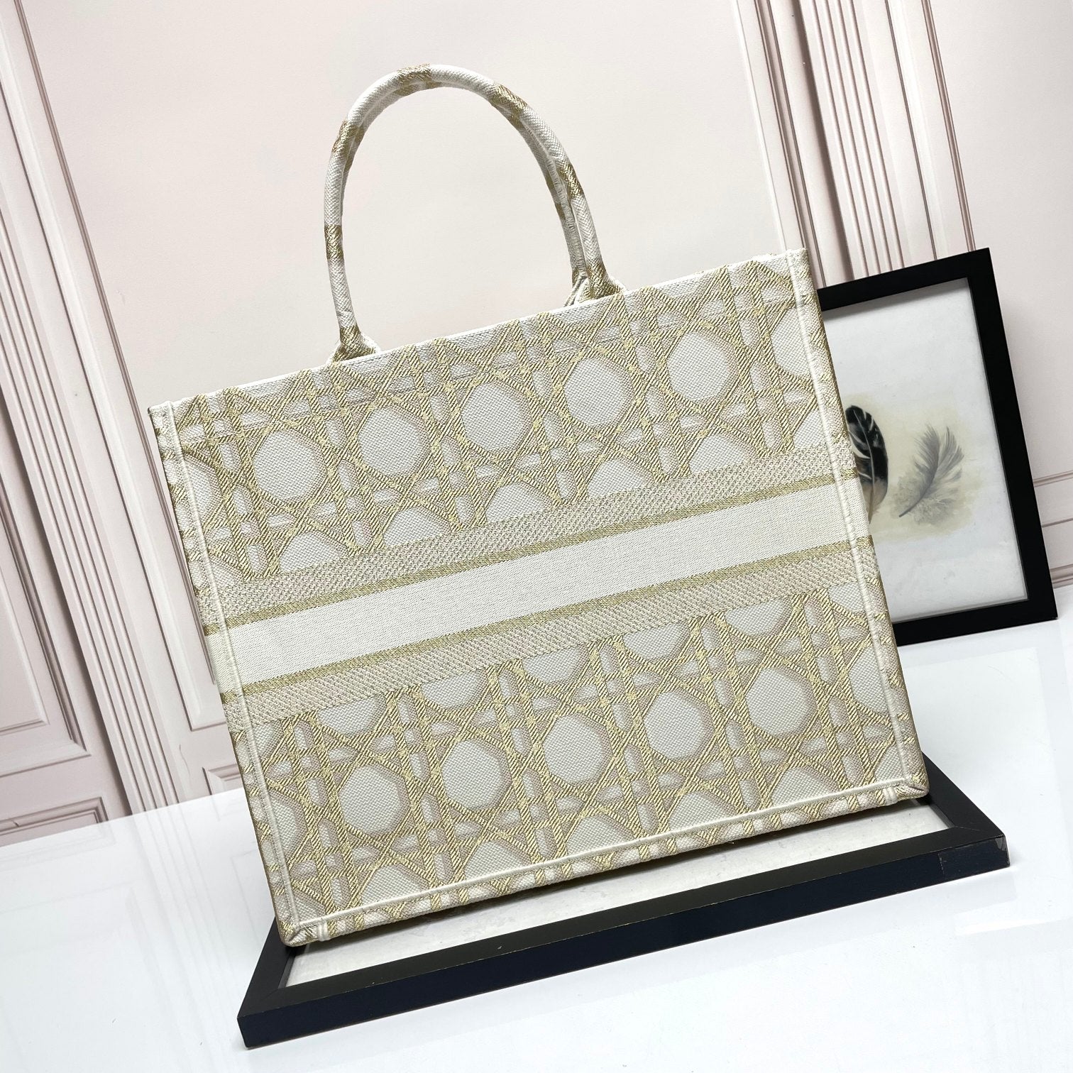 Dior Structured Beige Canvas Tote Bag with Embroidered Geometric Pattern