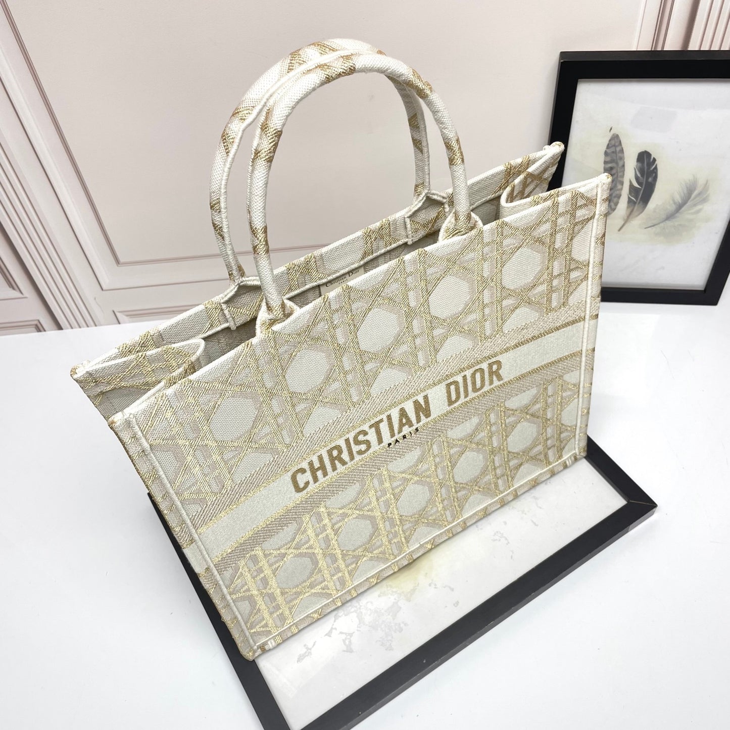 Dior Beige Embroidered Canvas Tote Bag with Geometric Pattern