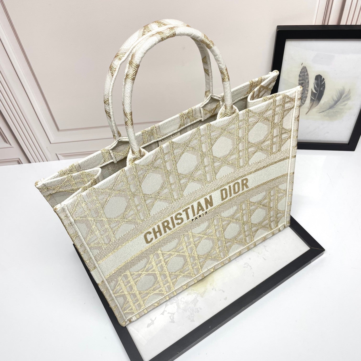 Dior Beige Embroidered Canvas Tote Bag with Geometric Pattern