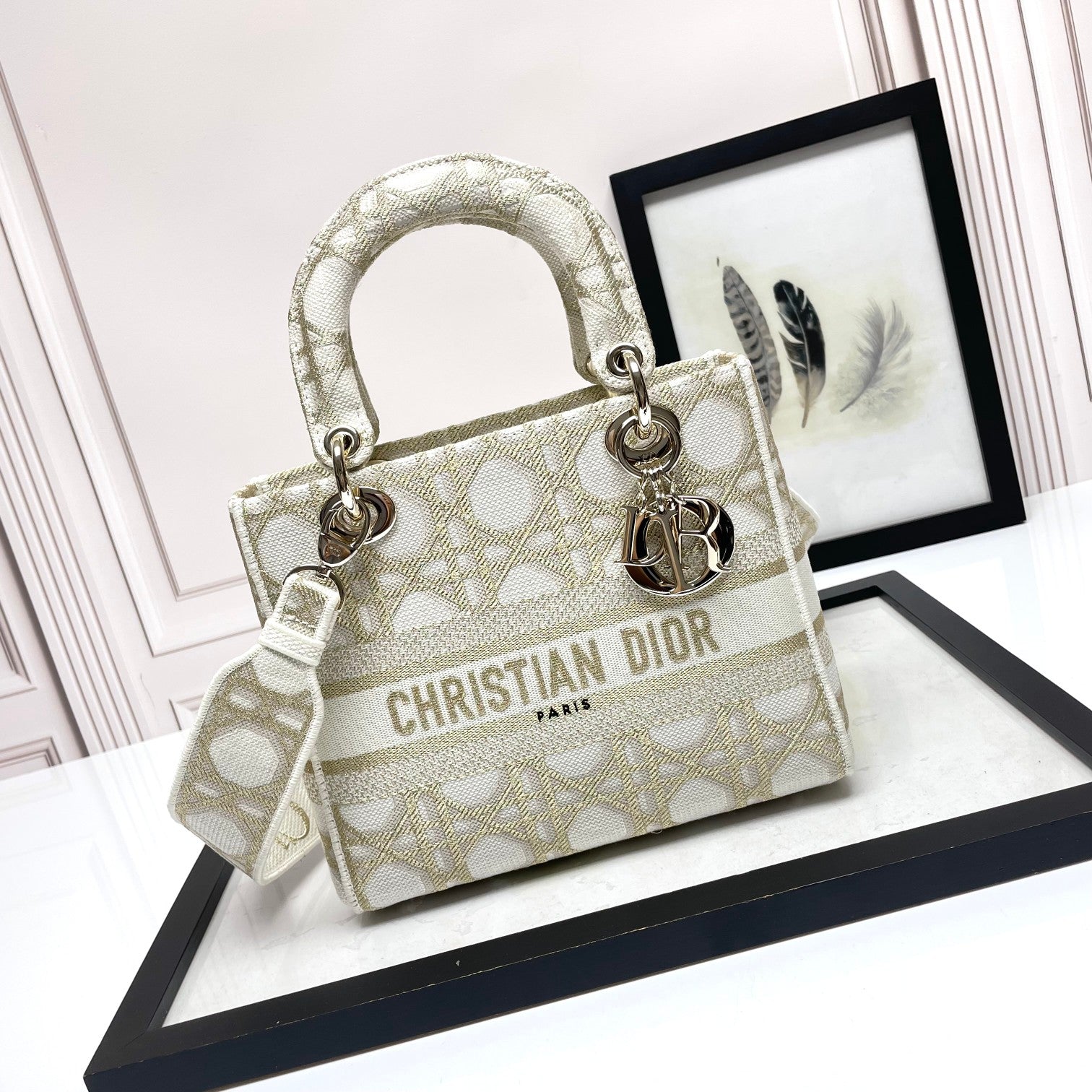 Dior Elegant Beige Embroidered Canvas Satchel Top Handle Shoulder Bag