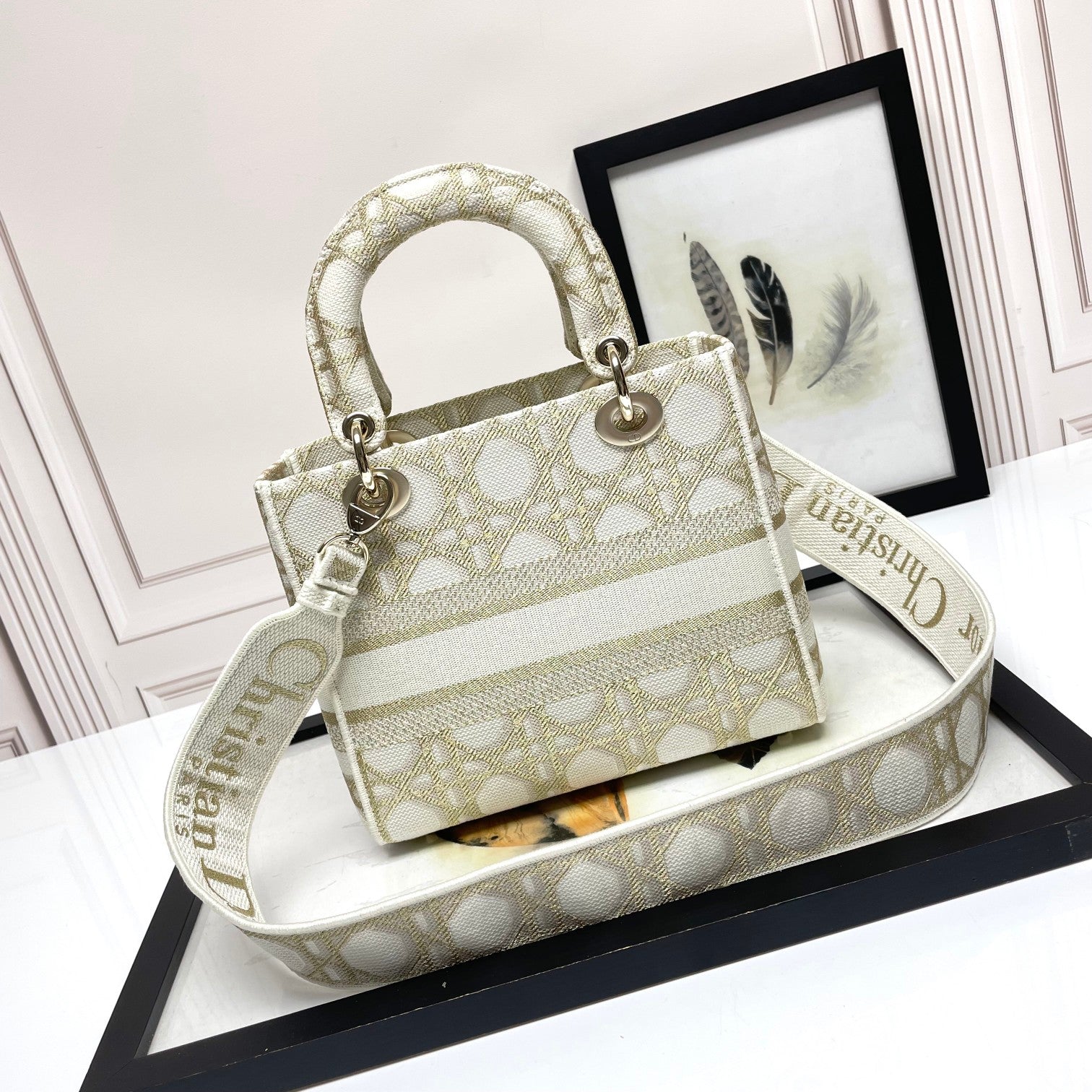 Dior Elegant Embroidered Geometric Canvas Top Handle Shoulder Bag