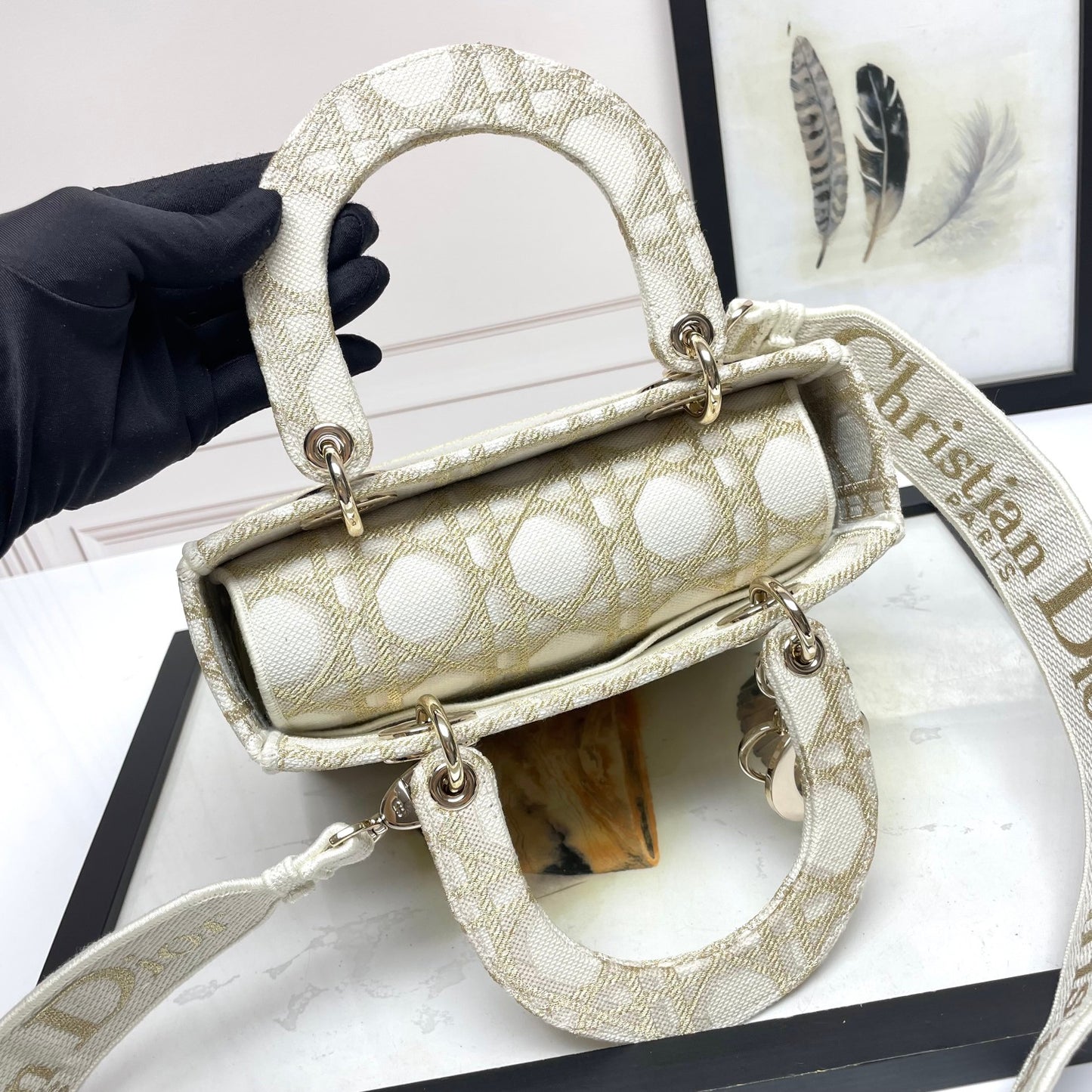 Dior Elegant Embroidered Geometric Canvas Top Handle Shoulder Bag