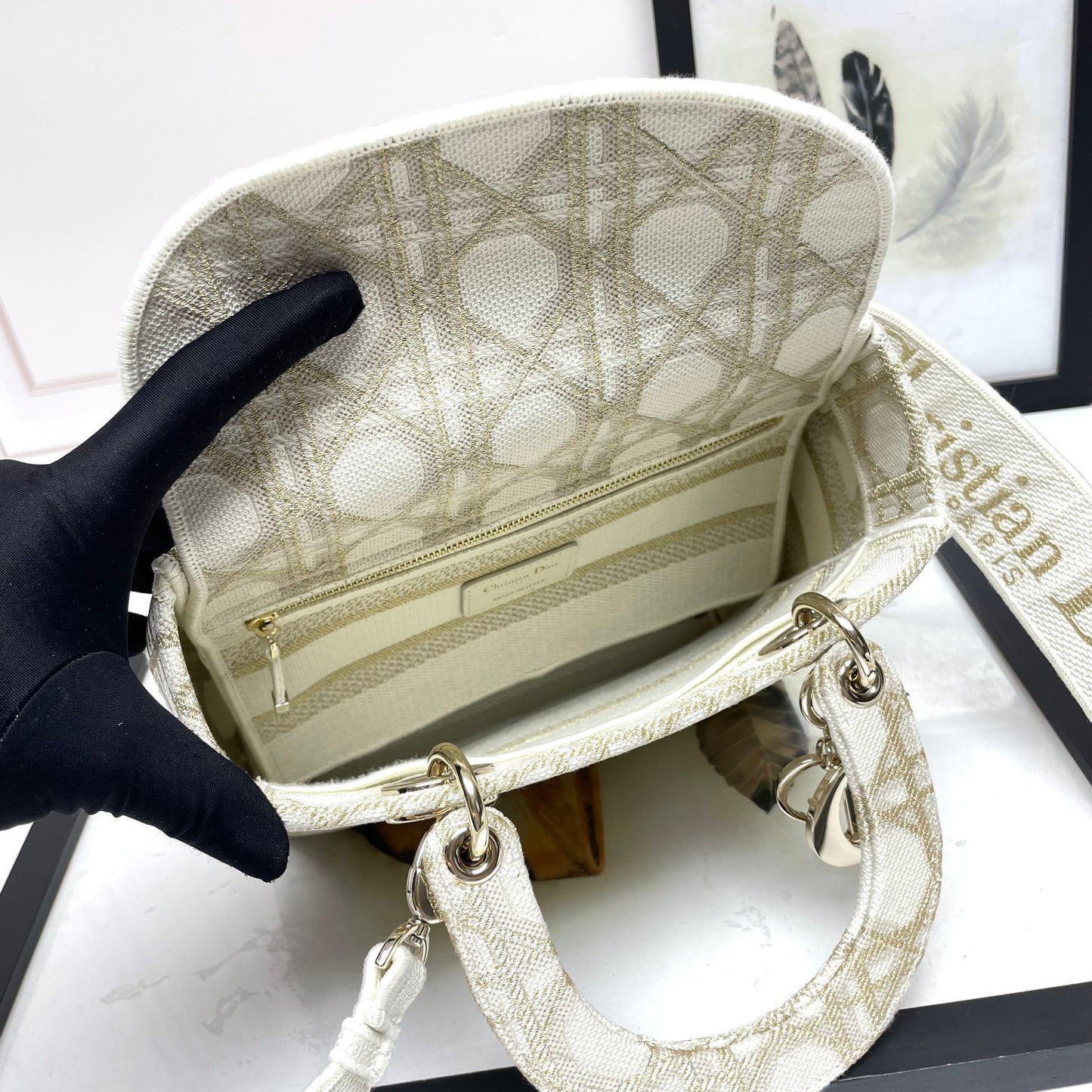 Christian Dior Medium Lady D-Lite Bag - Beige/White Embroidered Canvas