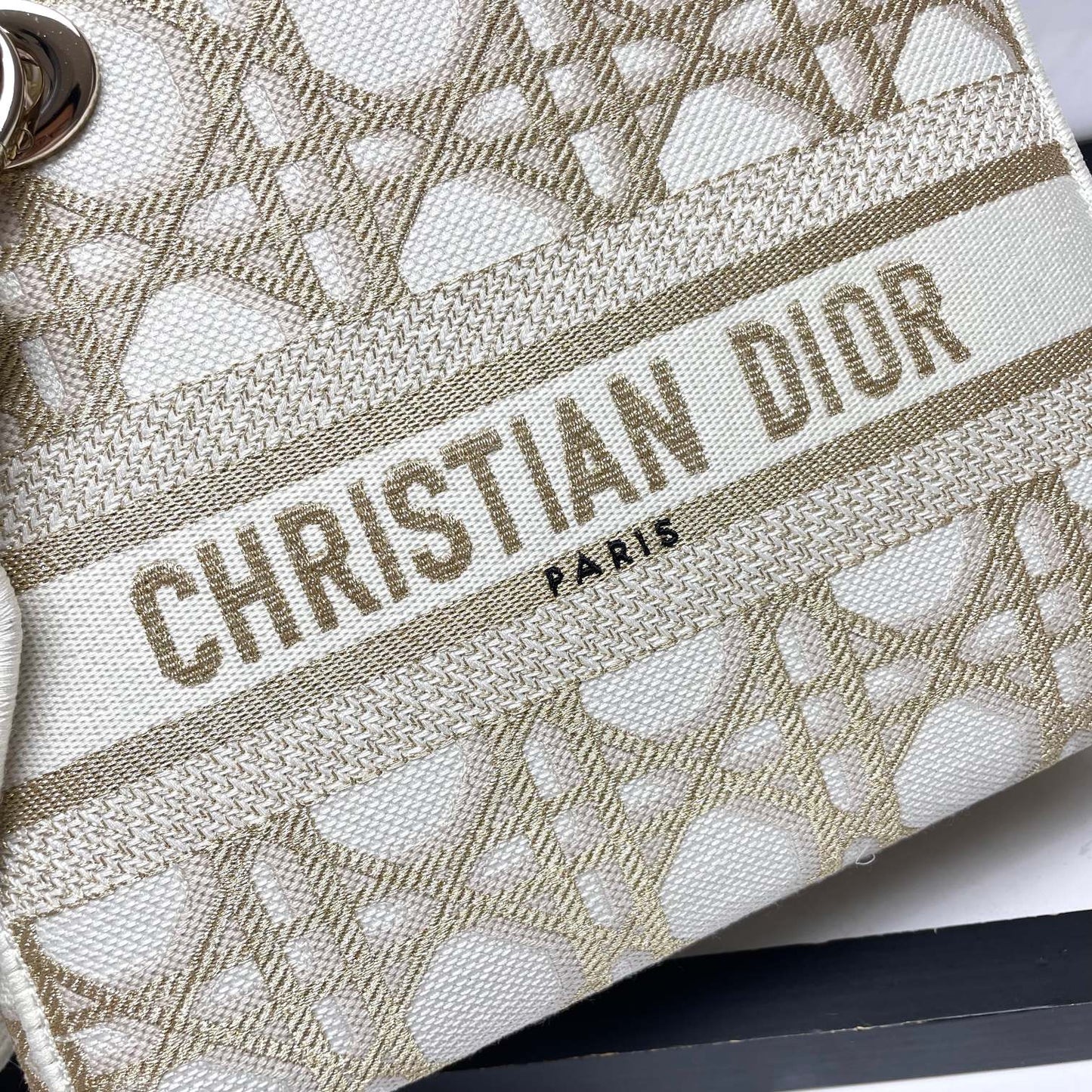 Dior Elegant Beige Embroidered Canvas Satchel Top Handle Shoulder Bag