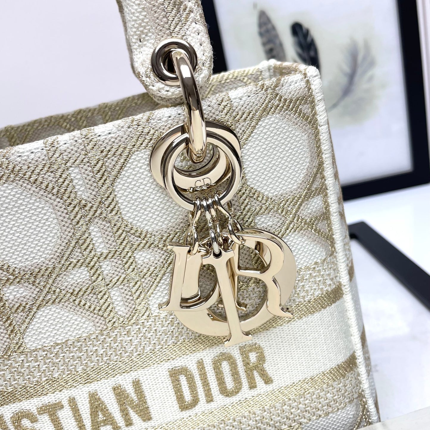 Dior Elegant Beige Embroidered Canvas Satchel Top Handle Shoulder Bag