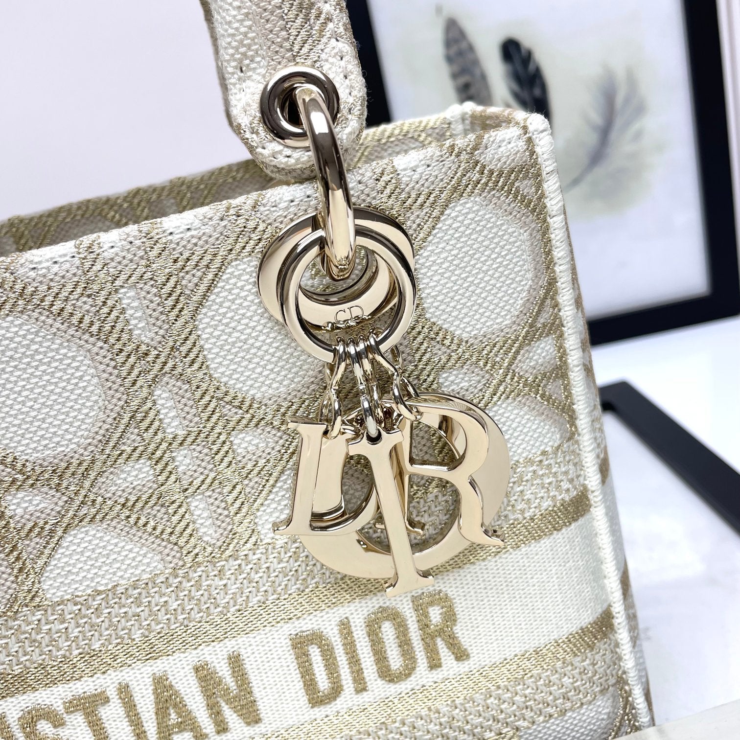Christian Dior Lady D-Lite Medium Bag - Beige and White Cannage Embroidery