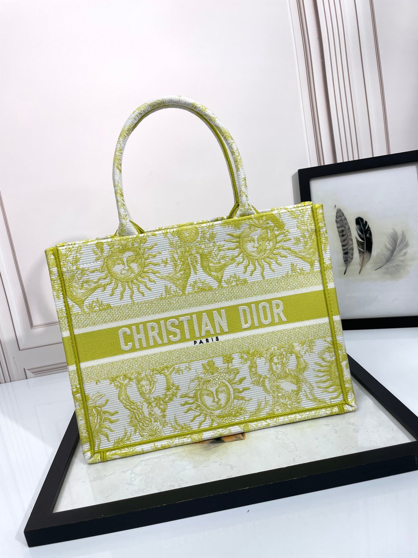 Dior Lime Green and White Sun Pattern Canvas Tote Handbag