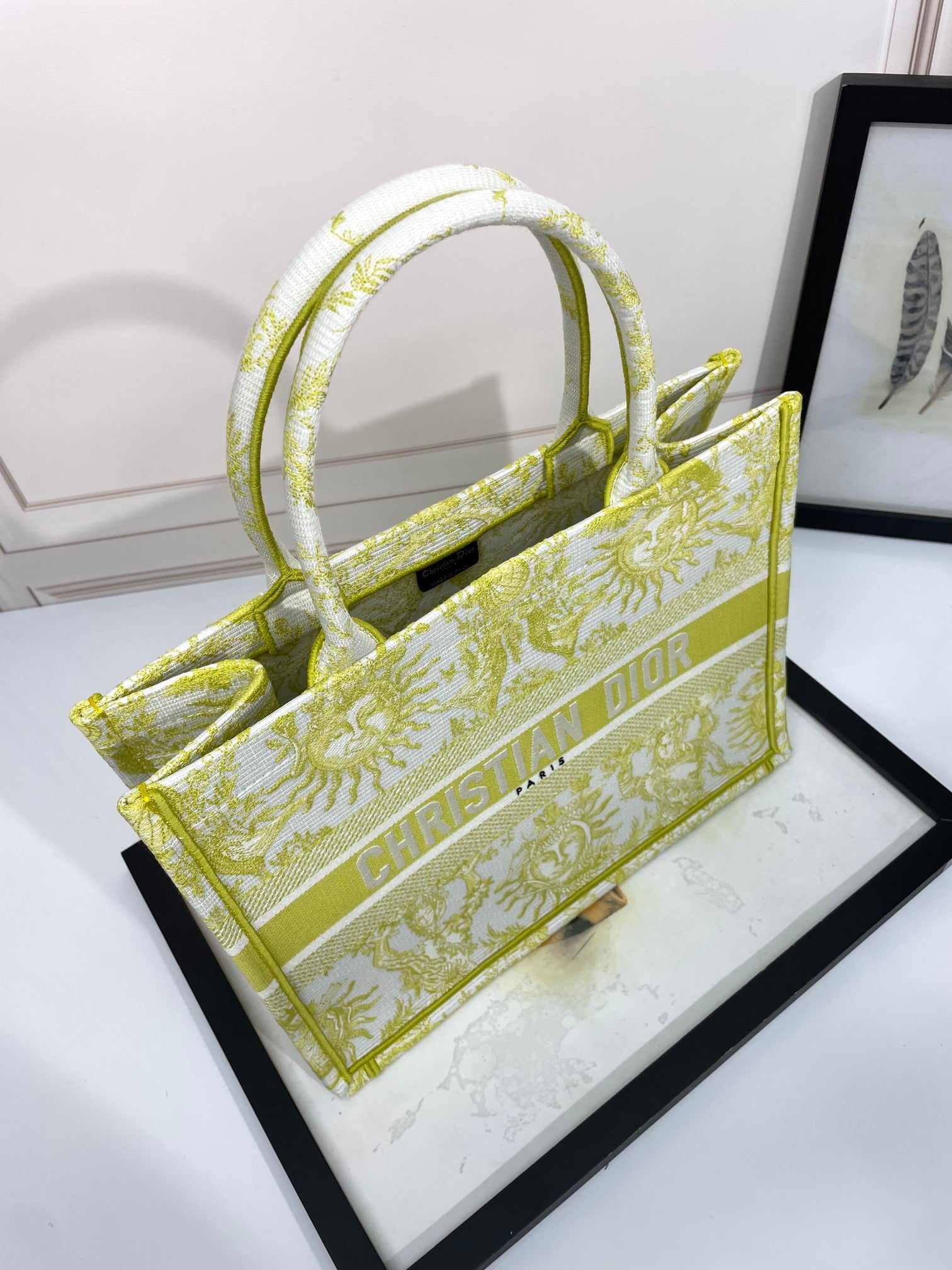 Dior Lime Green and White Sun Pattern Canvas Tote Handbag