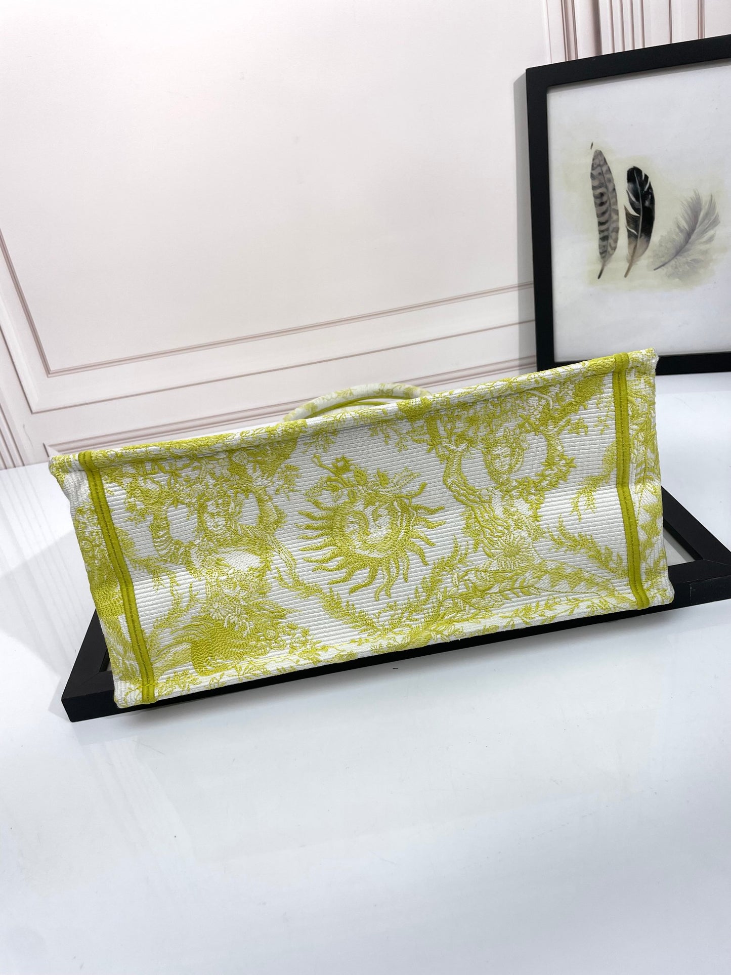 Dior Yellow Embroidered Sun Pattern Canvas Tote Bag with Top Handles