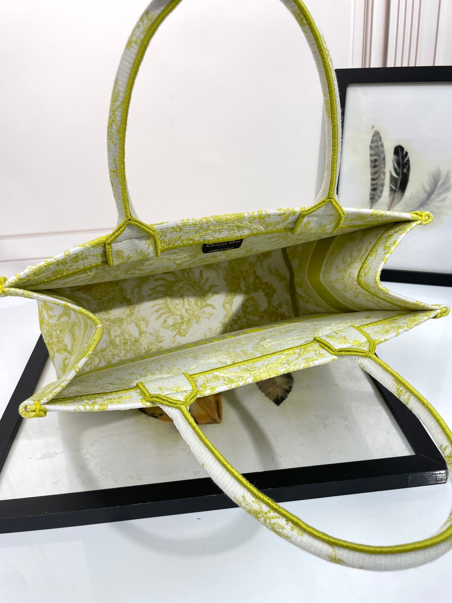 Dior Lime Green and White Sun Pattern Canvas Tote Handbag