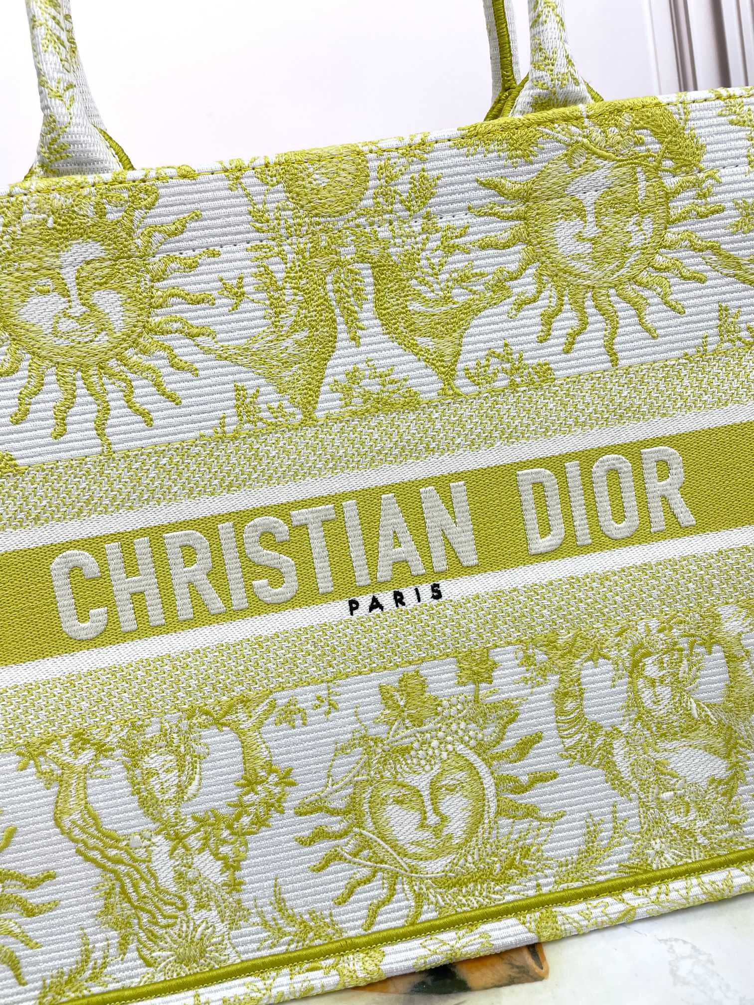 Christian Dior Medium Book Tote - Lime Green & White Zodiac Embroidery