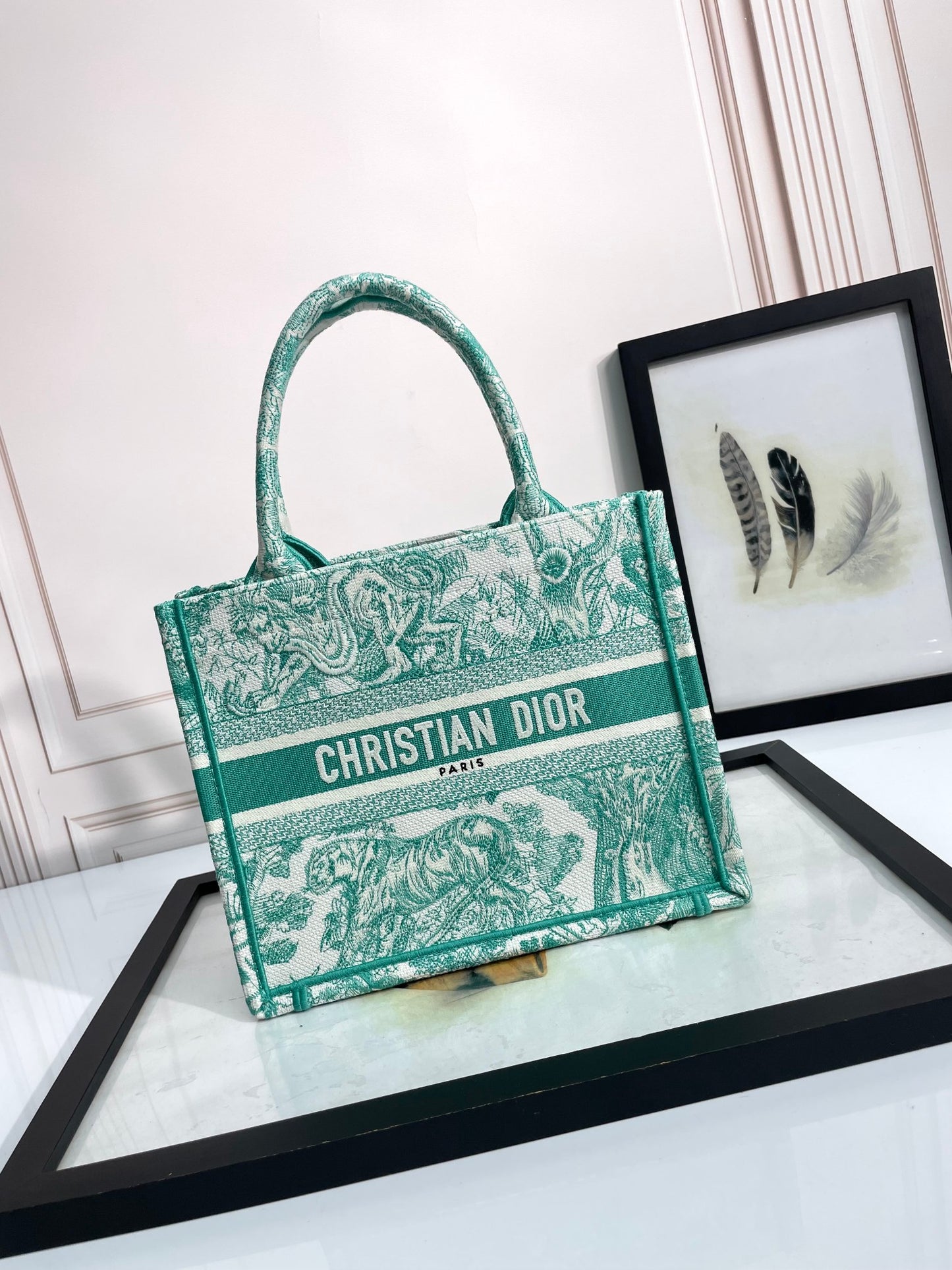 Christian Dior Green Toile de Jouy Embroidered Book Tote Bag
