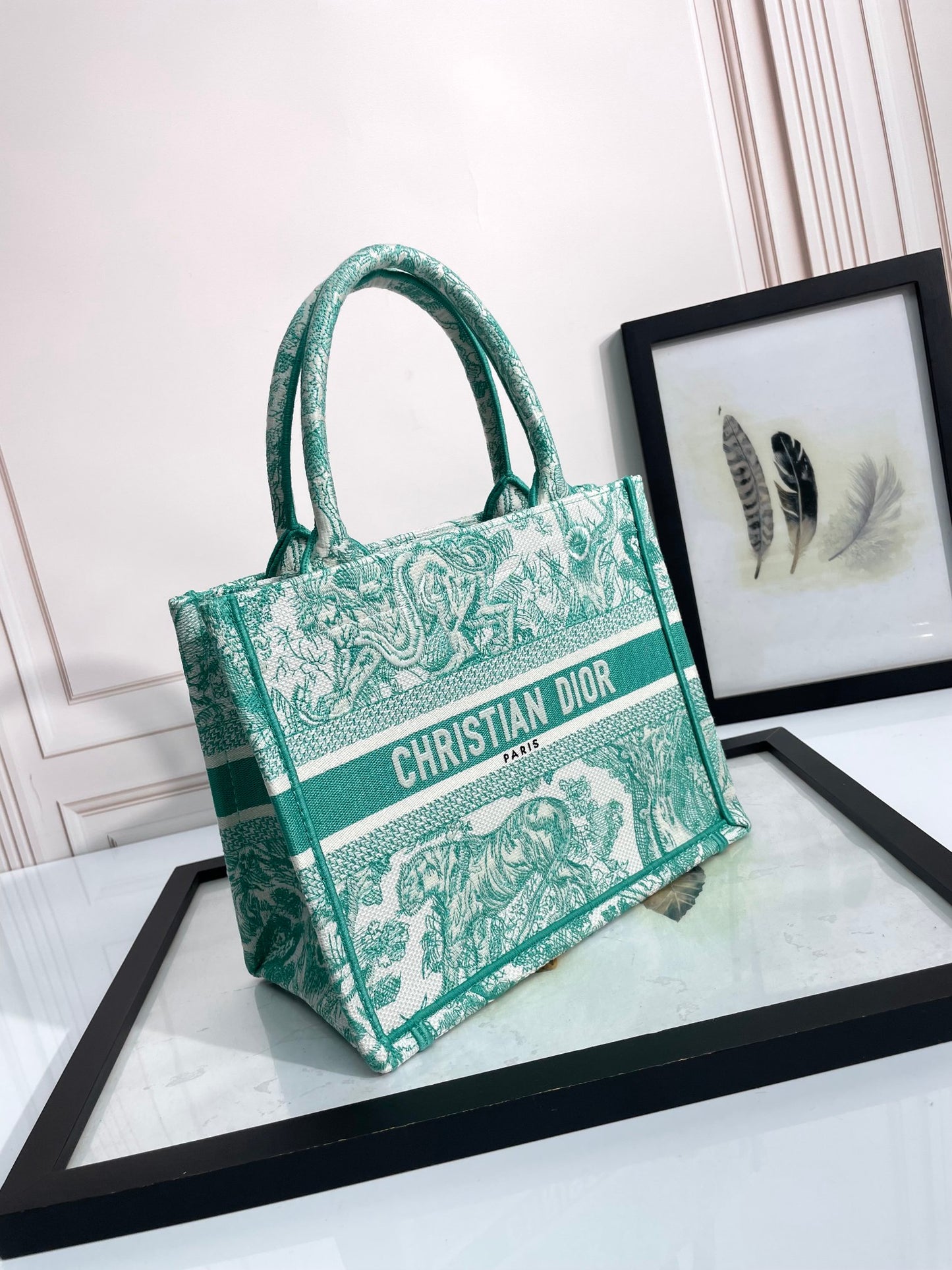 Dior Green Floral Toile Embroidered Canvas Tote Handbag with Top Handles