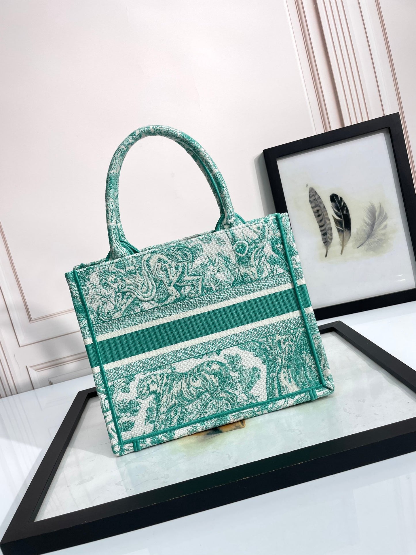 Dior Green and White Embroidered Canvas Tote Bag with Top Handles