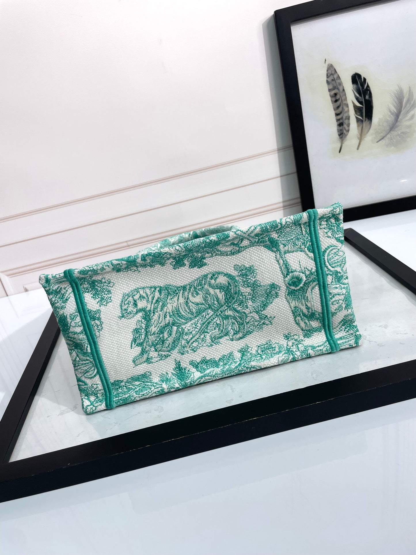 Dior Elegant Green Toile de Jouy Pattern Canvas Tote Bag for Women