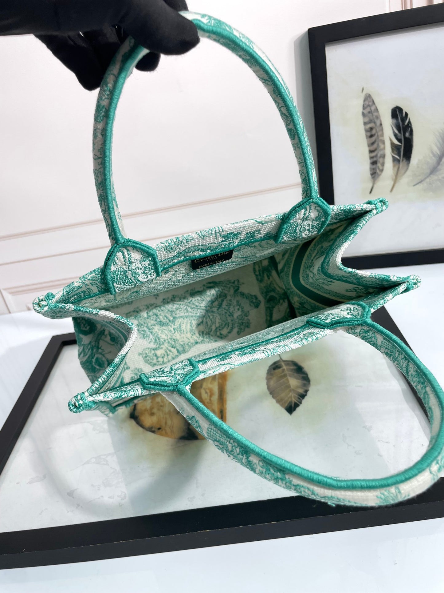 Dior Green Floral Toile Embroidered Canvas Tote Handbag with Top Handles