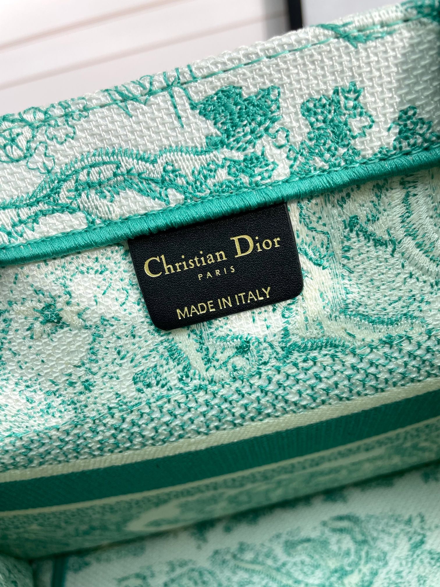 Christian Dior Book Tote Bag - Green and White Toile de Jouy Embroidered Canvas