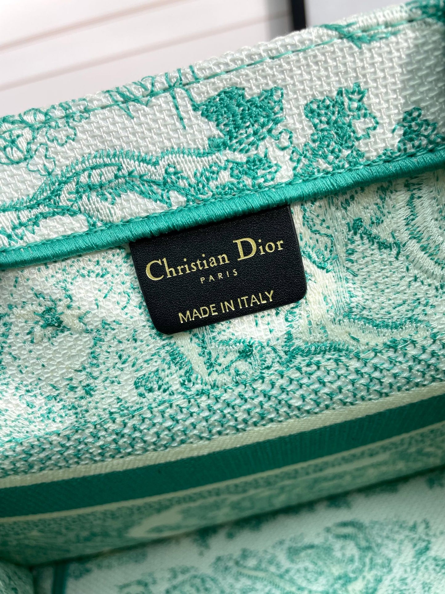 Dior Elegant Green Toile de Jouy Embroidered Canvas Tote Bag